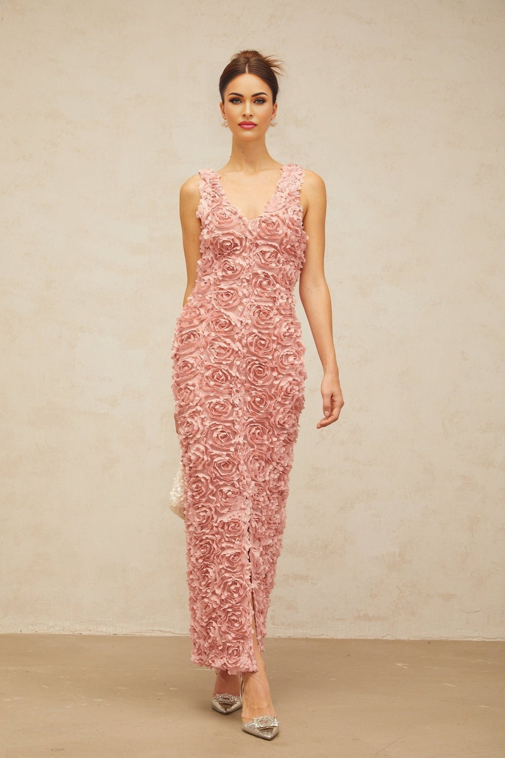 Sydney Maxi Dress in Charming Pink with Faux - Flower Detail