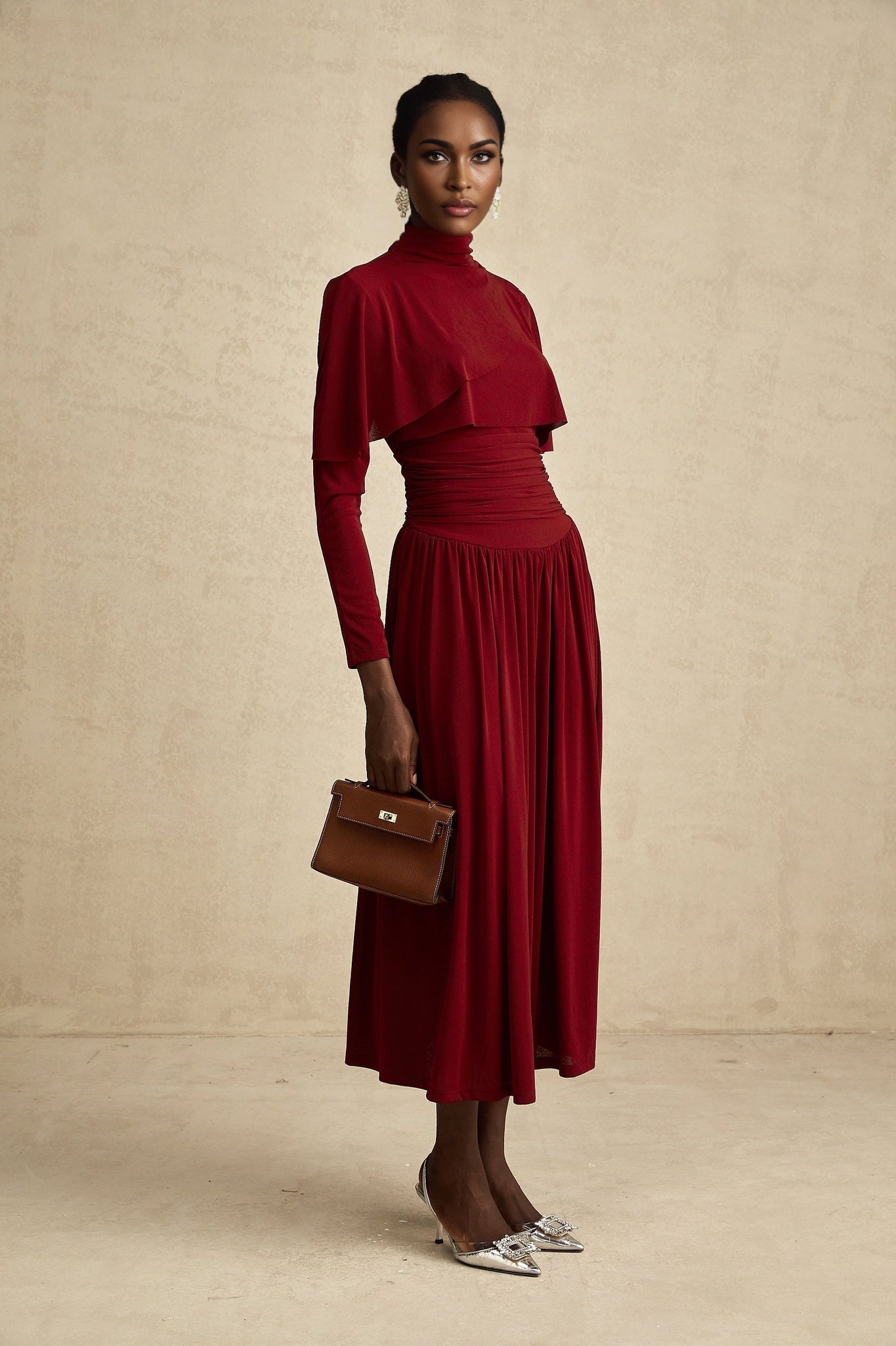 Sydney Midi Dress Red Flap Ruched Detail Long Sleeve Lined Skirt