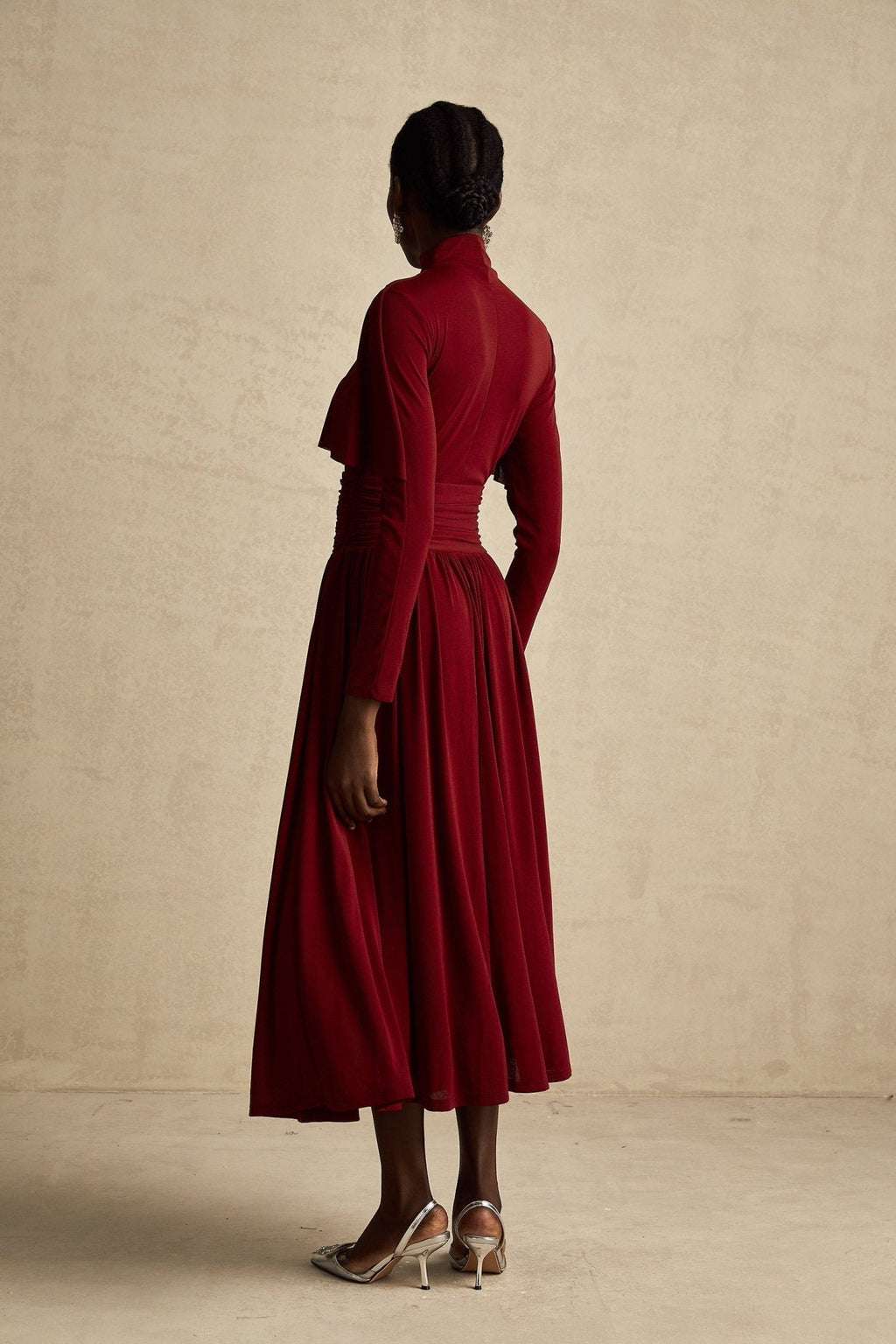 Sydney Midi Dress Red Flap Ruched Detail Long Sleeve Lined Skirt