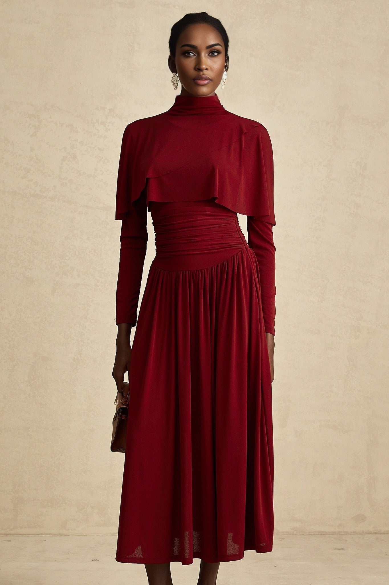 Sydney Midi Dress Red Flap Ruched Detail Long Sleeve Lined Skirt