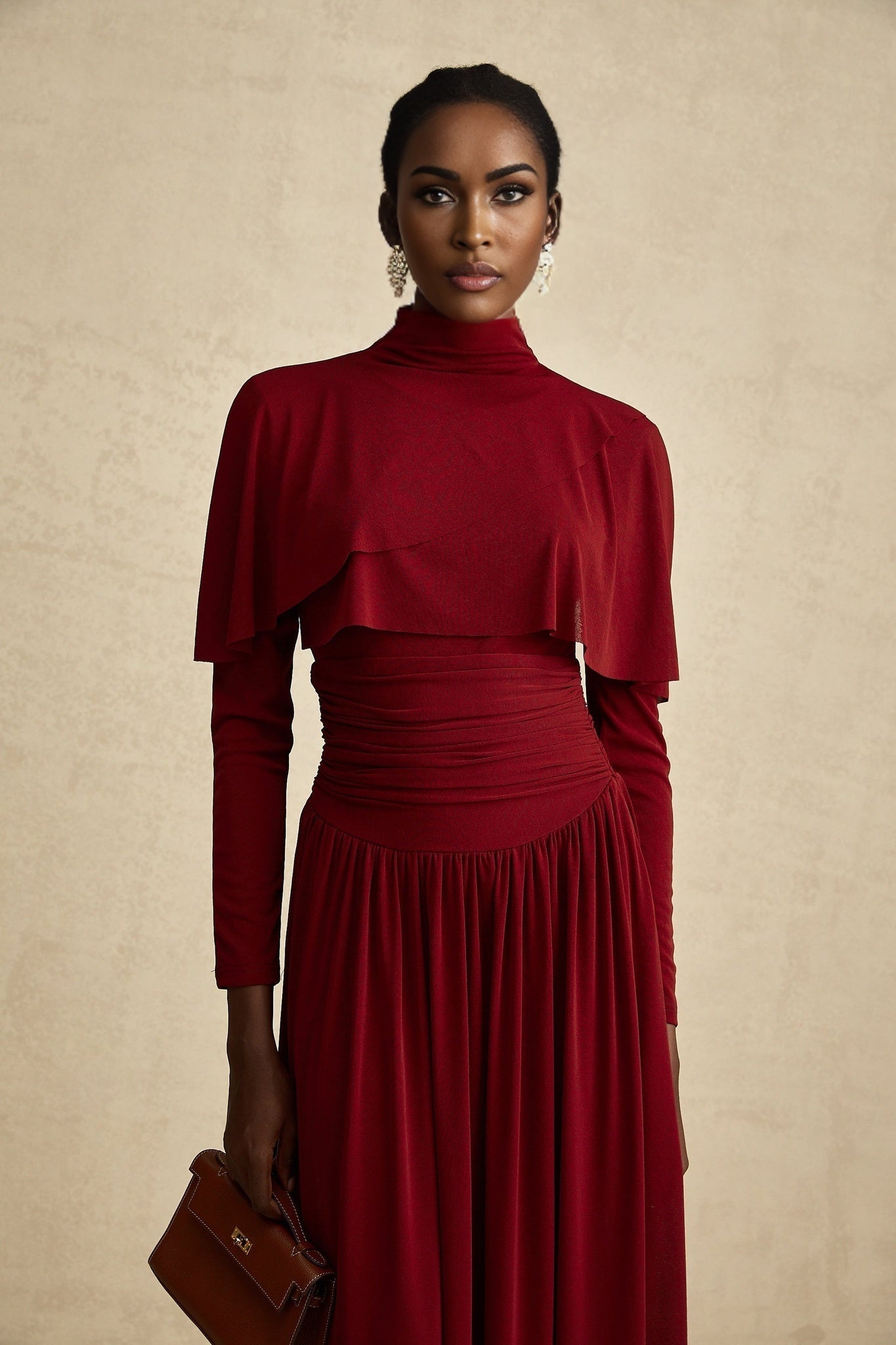 Sydney Midi Dress Red Flap Ruched Detail Long Sleeve Lined Skirt