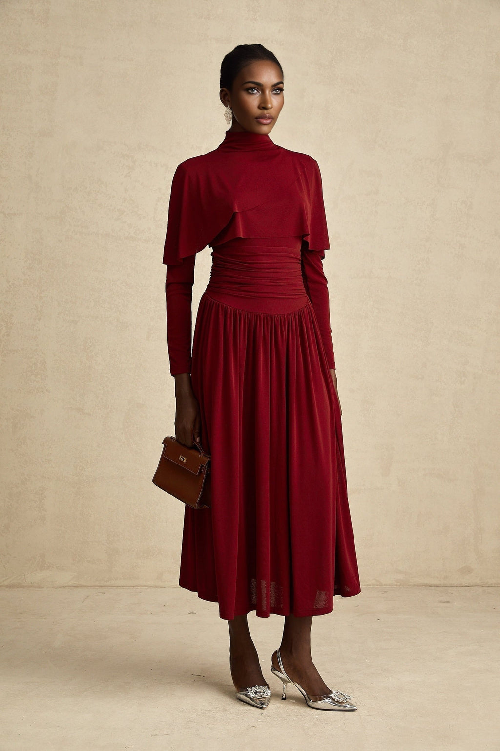 Sydney Midi Dress Red Flap Ruched Detail Long Sleeve Lined Skirt