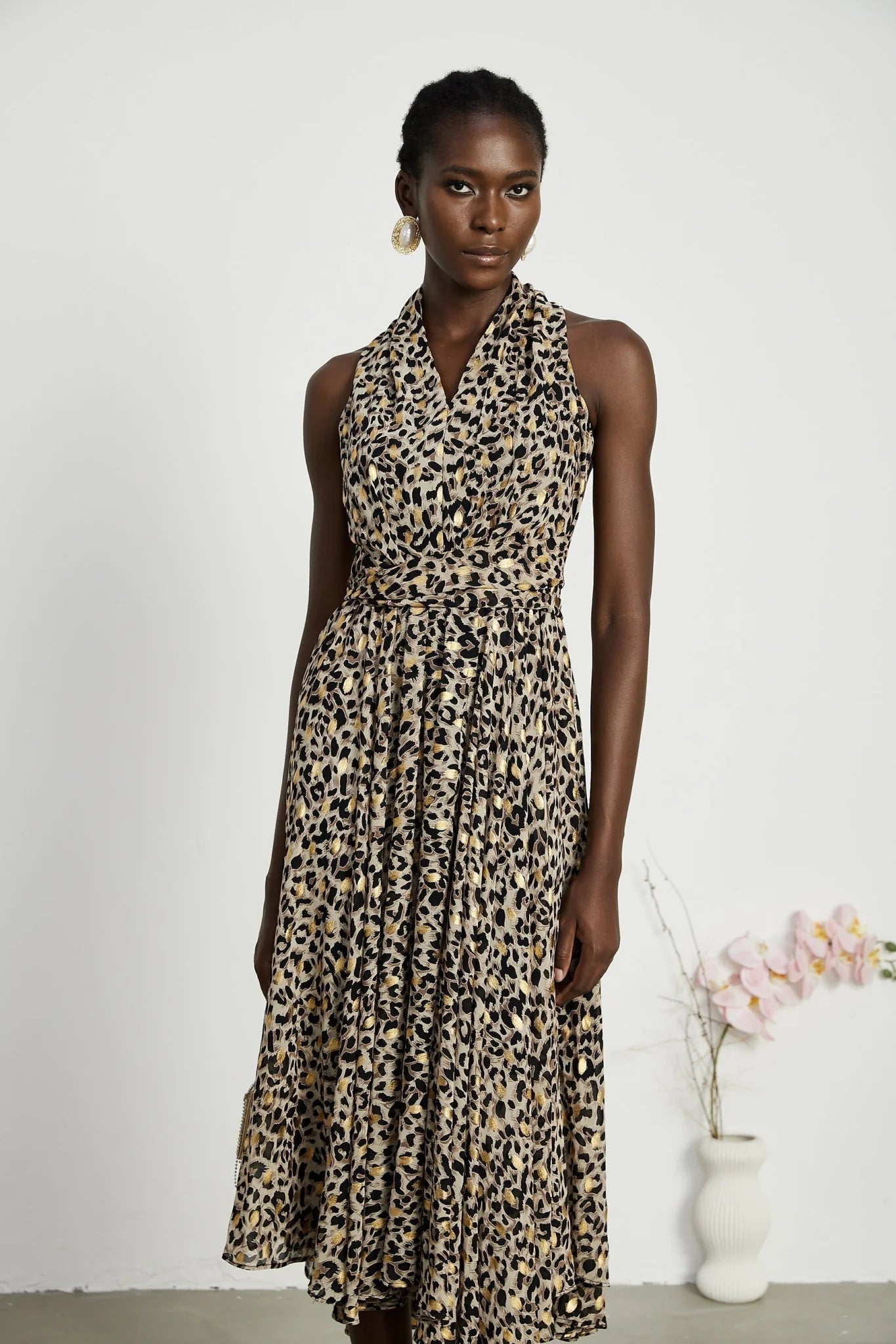 Sydney Midi Dress Yellow Leopard Print Cinched Waist