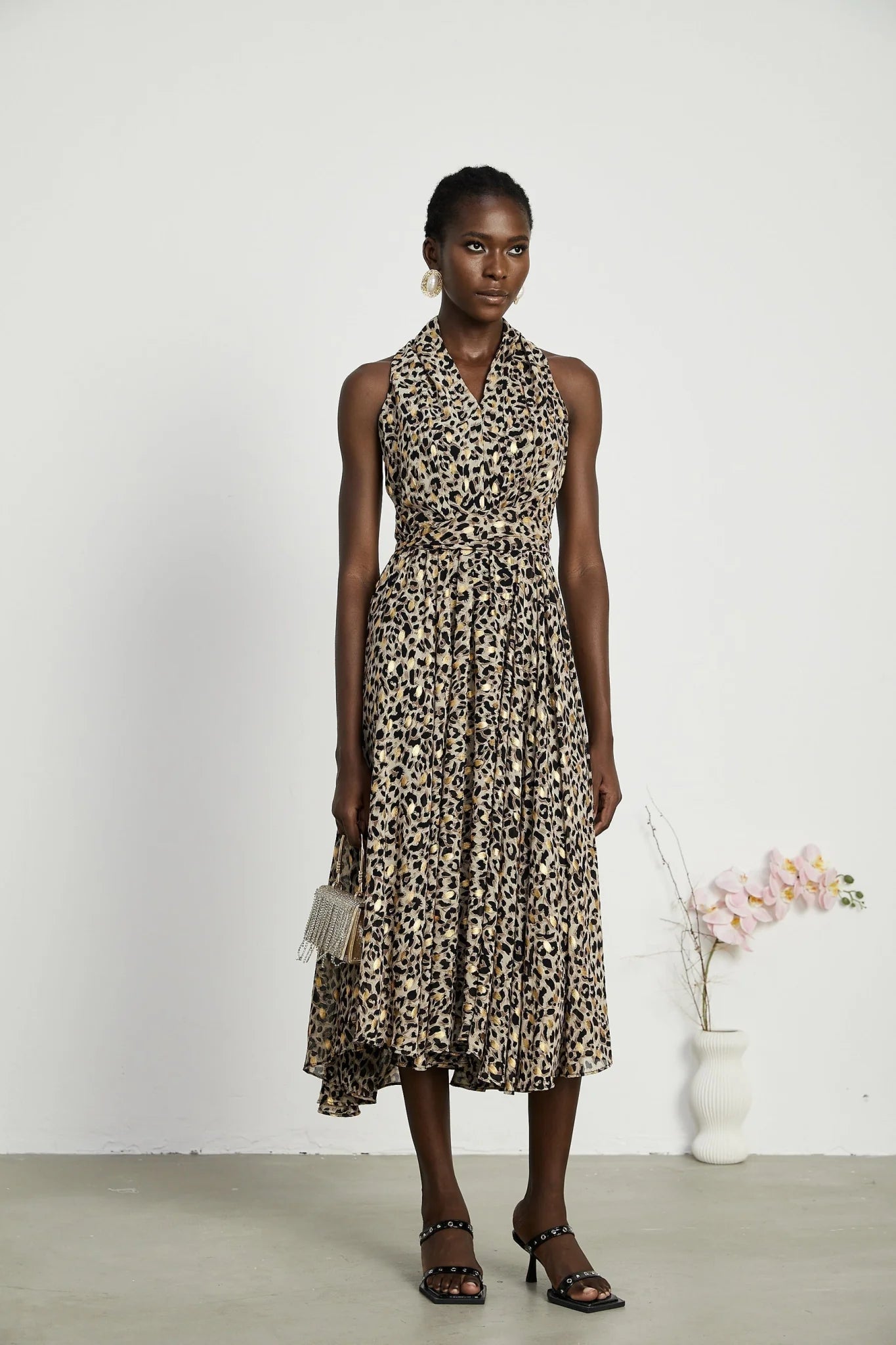 Sydney Midi Dress Yellow Leopard Print Cinched Waist