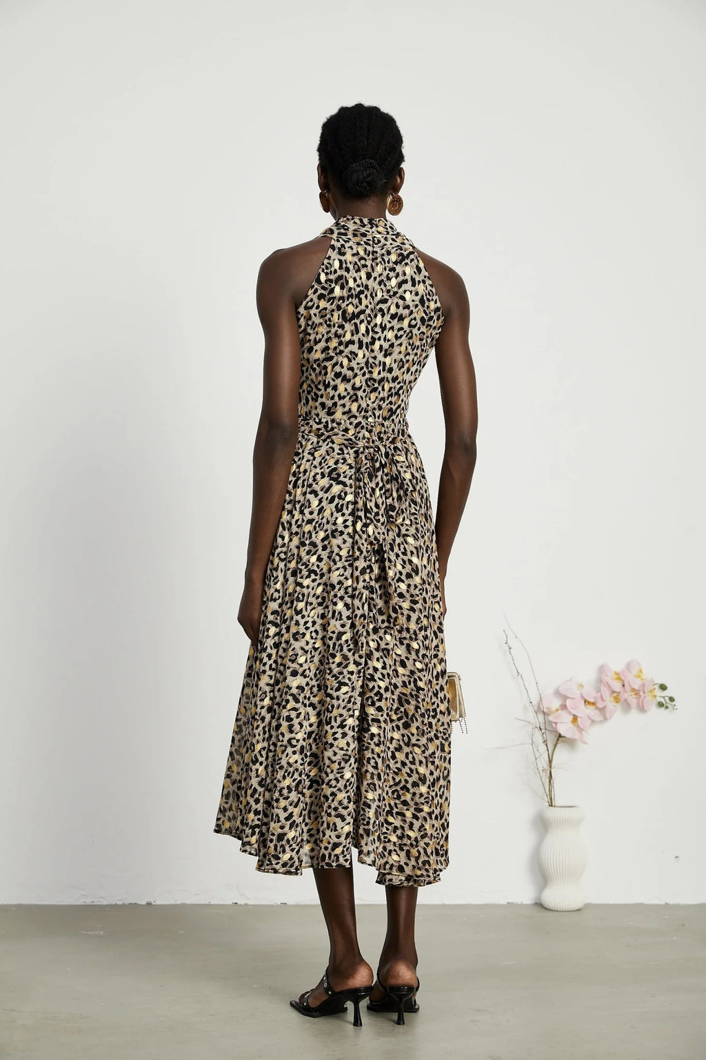 Sydney Midi Dress Yellow Leopard Print Cinched Waist