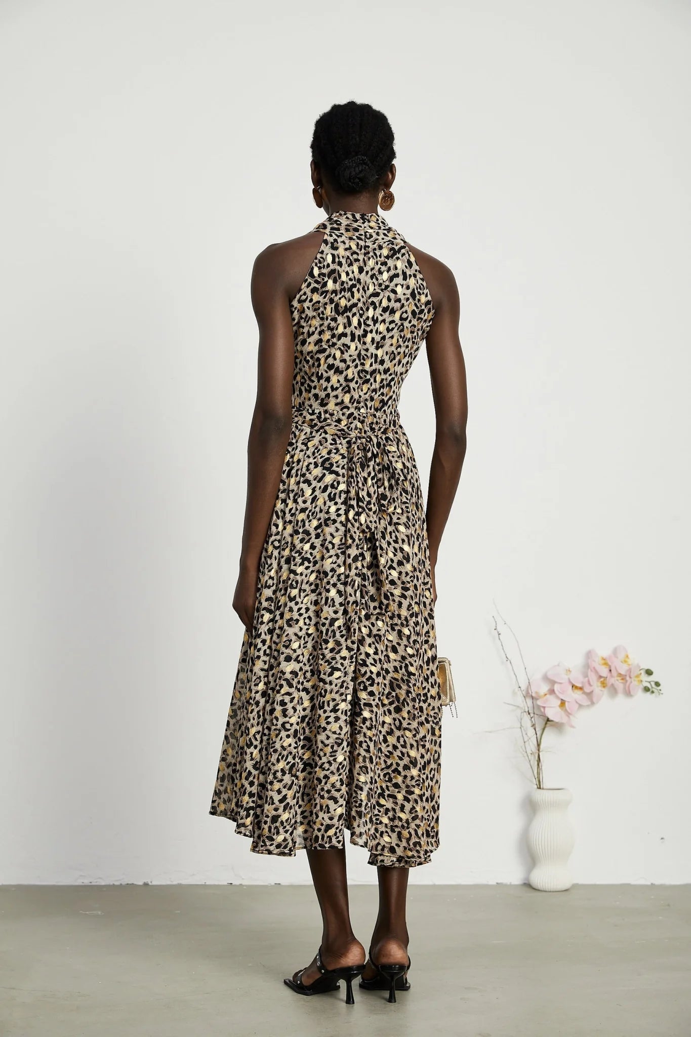 Sydney Midi Dress Yellow Leopard Print Cinched Waist