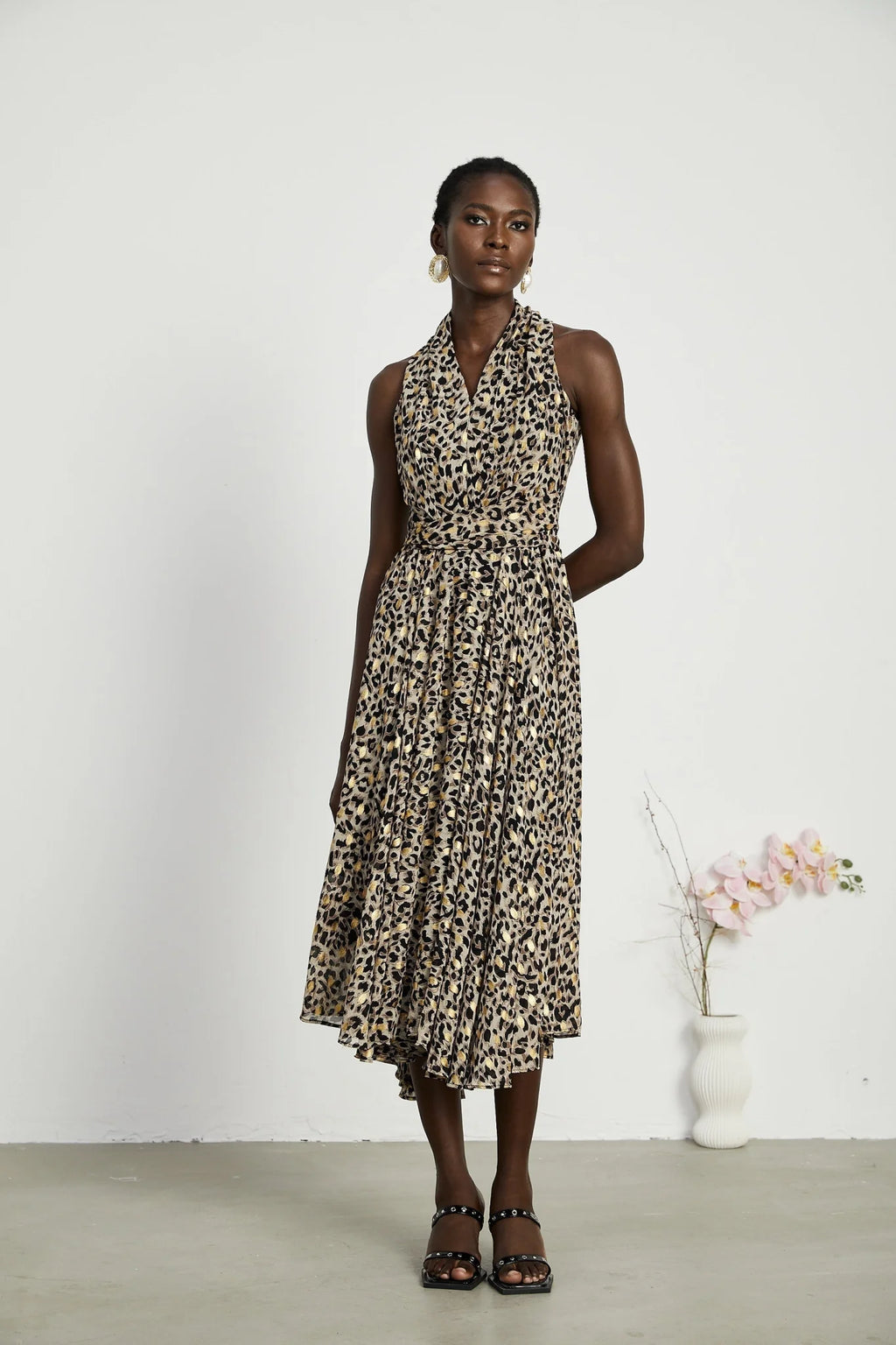 Sydney Midi Dress Yellow Leopard Print Cinched Waist
