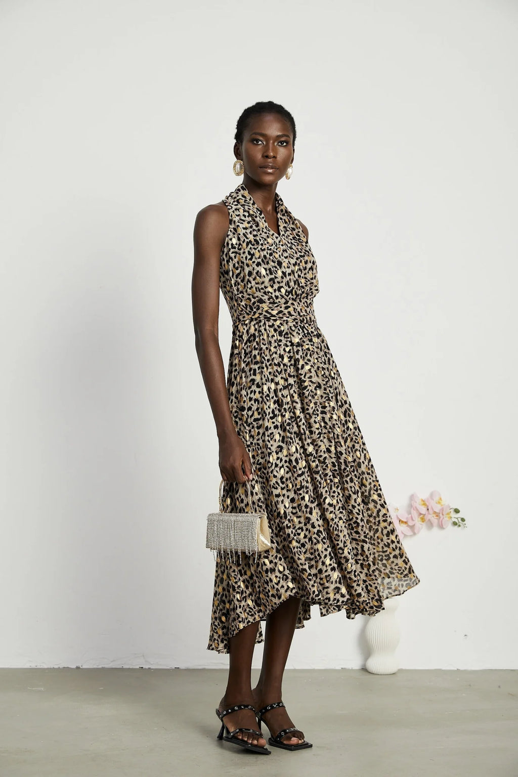 Sydney Midi Dress Yellow Leopard Print Cinched Waist