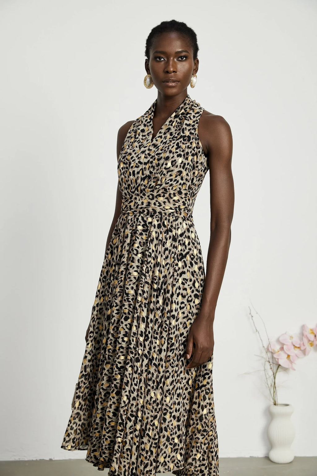 Sydney Midi Dress Yellow Leopard Print Cinched Waist
