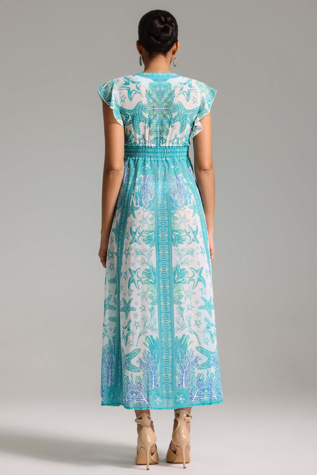 Sydney Turquoise Maxi Dress V-Neckline Flutter Sleeves Vivid Prints Lightweight Fabric