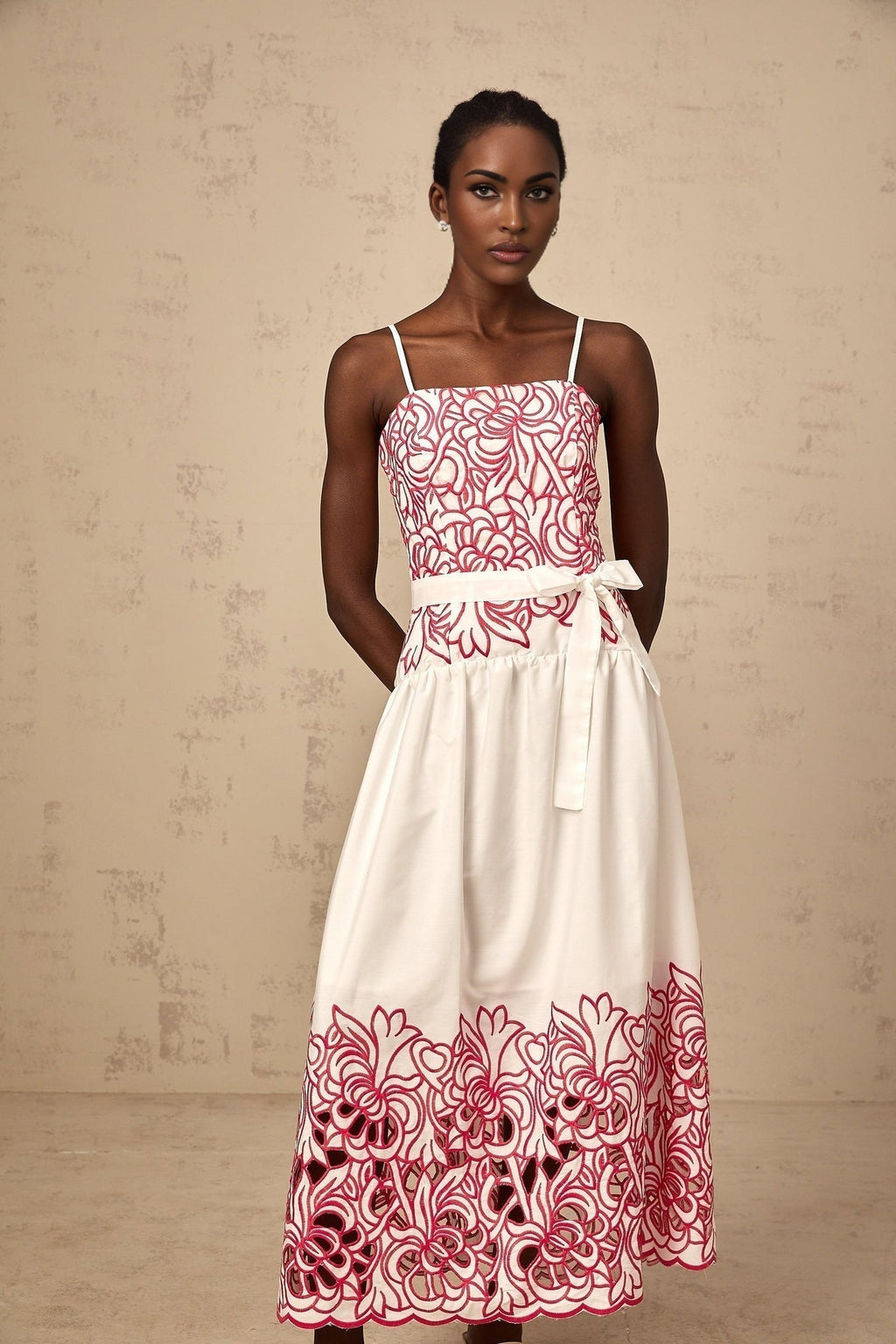 Taliyah Midi Dress in Pink & White - Cut - out Design with Floral Embroidery