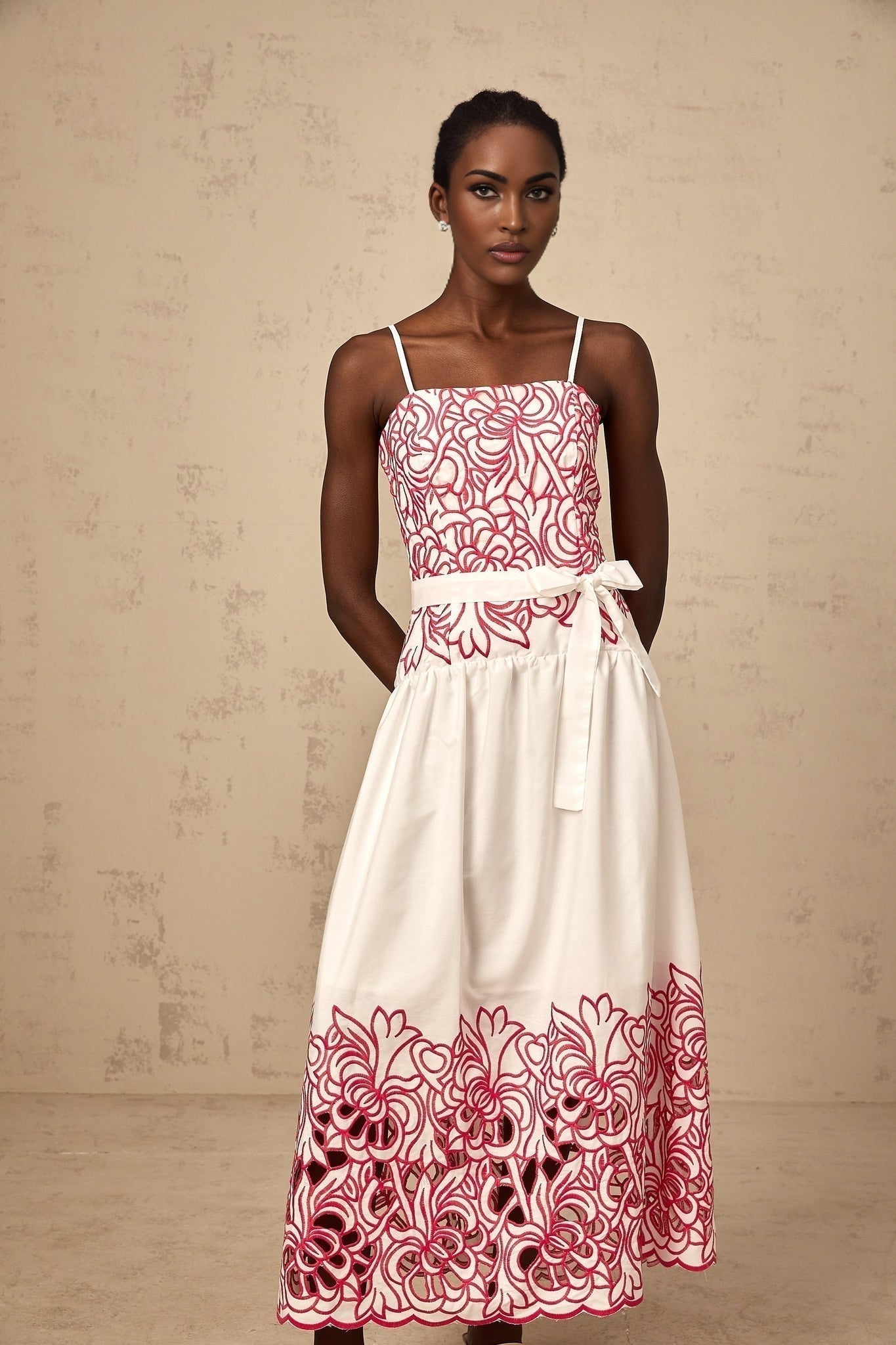 Taliyah Midi Dress in Pink & White - Cut - out Design with Floral Embroidery