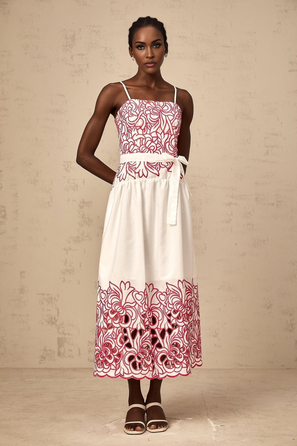 Taliyah Midi Dress in Pink & White - Cut - out Design with Floral Embroidery
