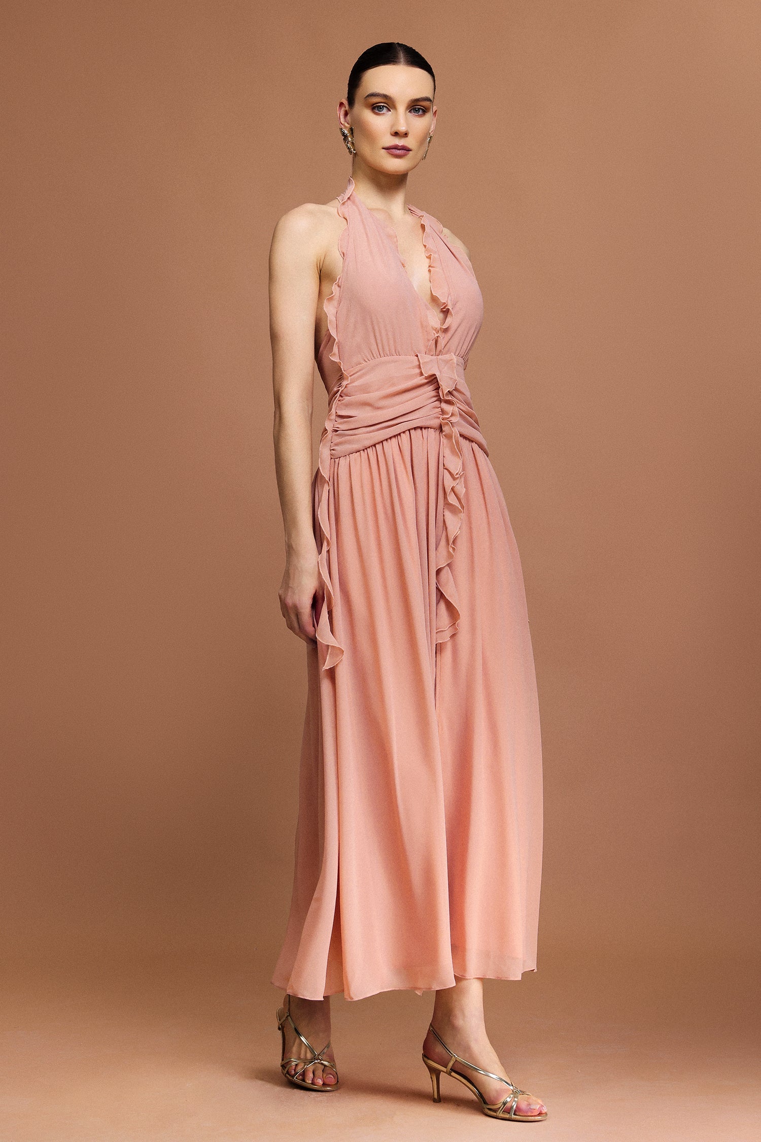 Taliyah Peach Fit and Flare Ruffle Detail Dress