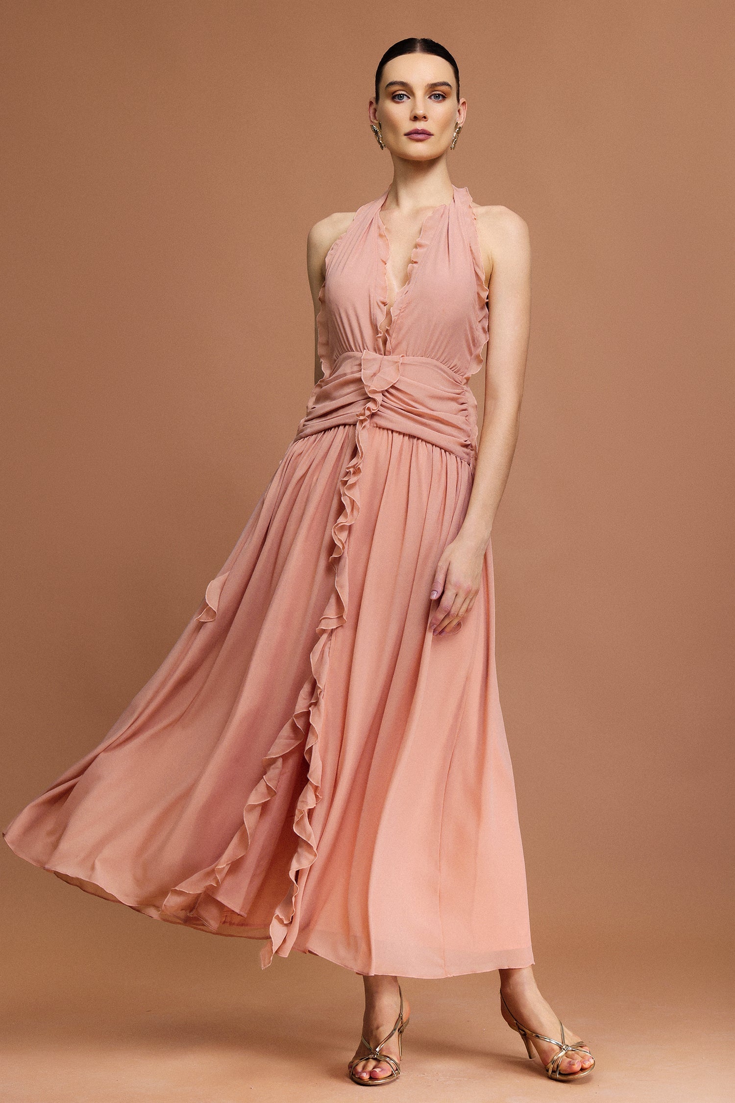 Taliyah Peach Fit and Flare Ruffle Detail Dress