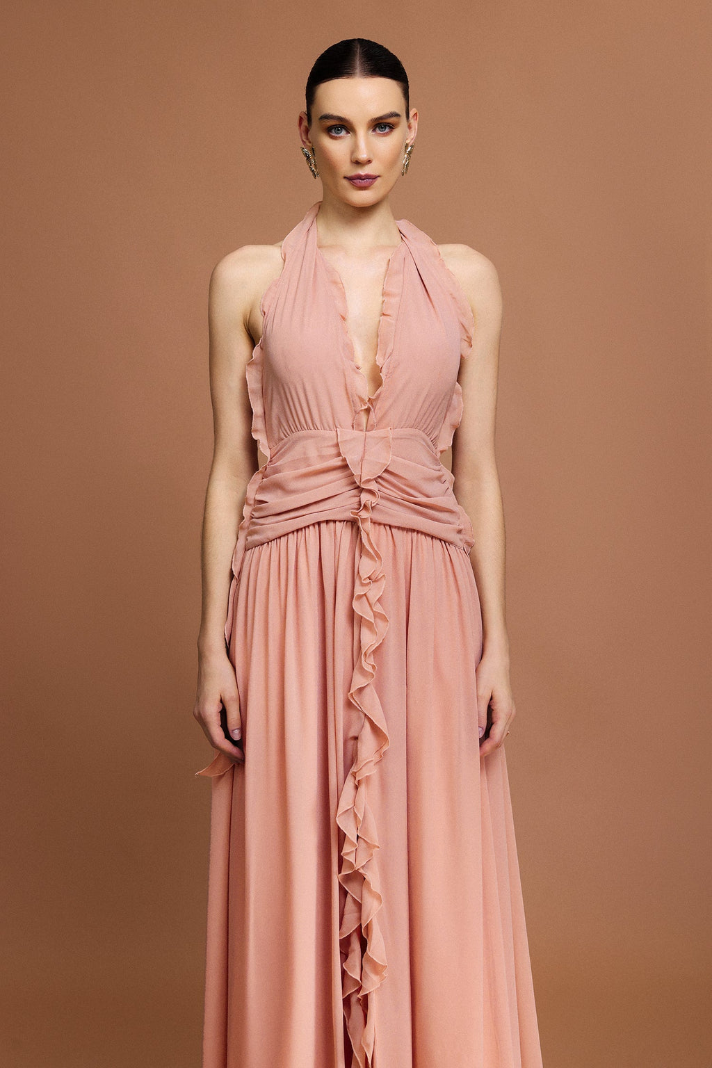 Taliyah Peach Fit and Flare Ruffle Detail Dress