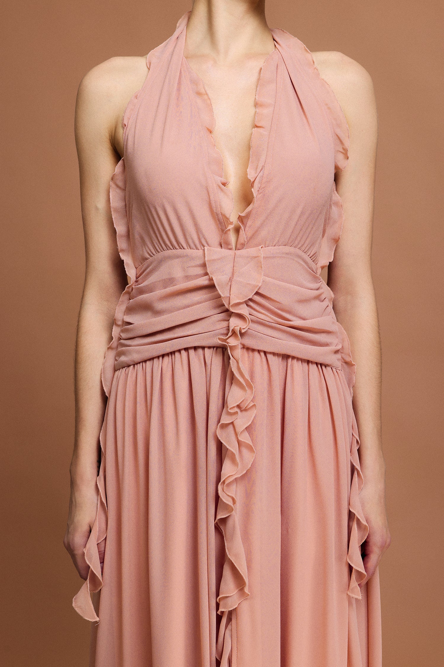 Taliyah Peach Fit and Flare V-Neck Dress with Ruffle Detailing