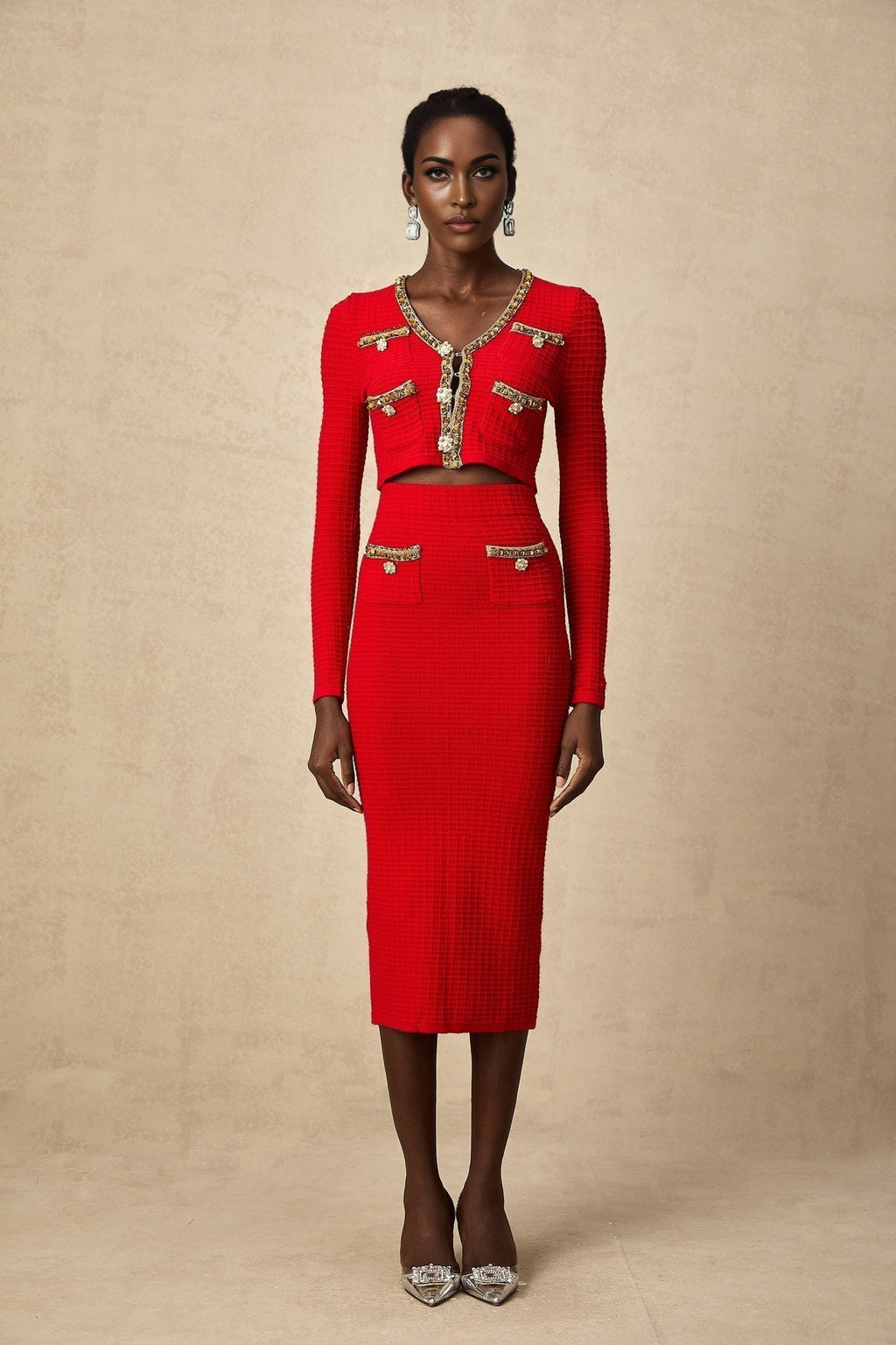 Tamara Cardigan & Skirt Tamara Red & Gold Crystal Sequin Embellished
