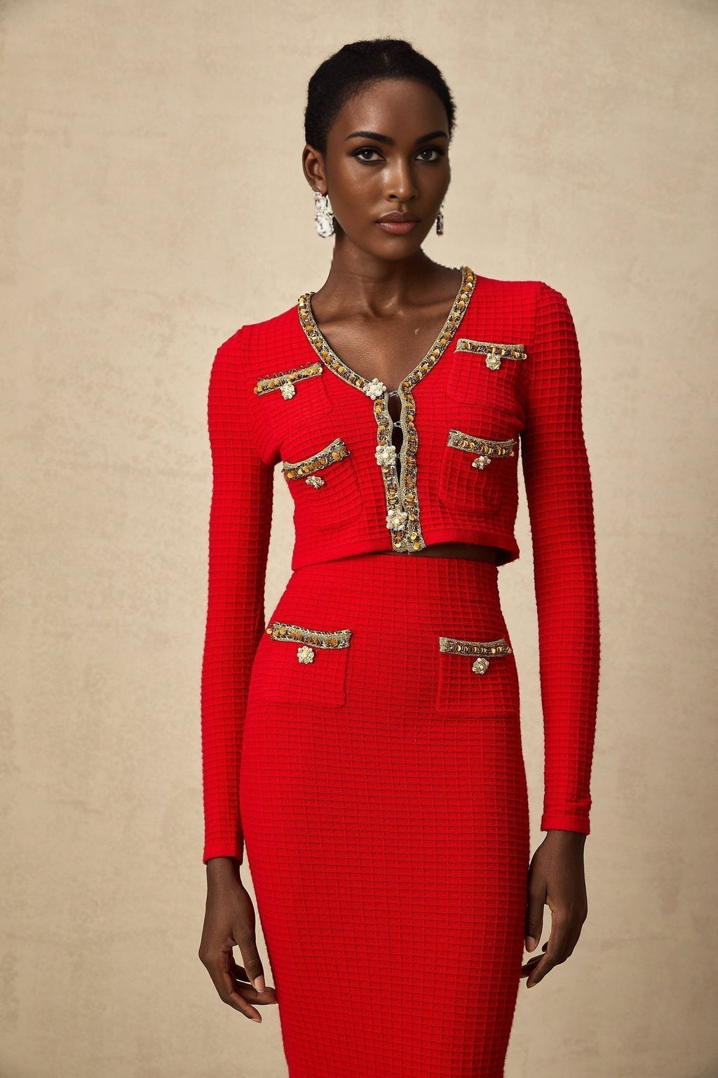 Tamara Cardigan & Skirt Tamara Red & Gold Crystal Sequin Embellished