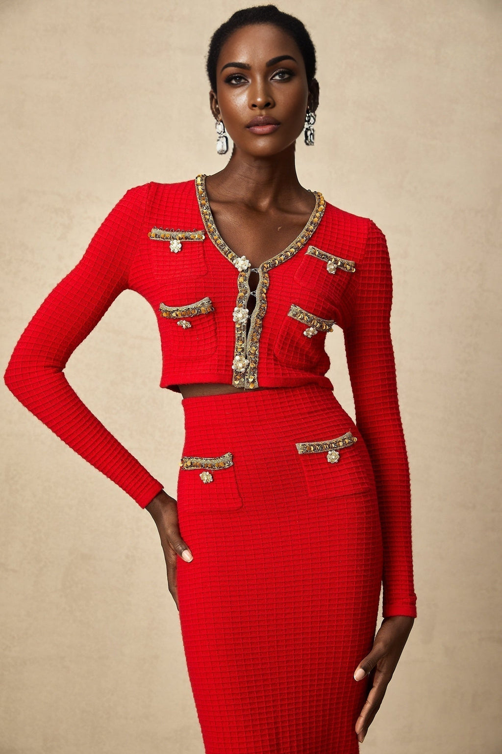 Tamara Cardigan & Skirt Tamara Red & Gold Crystal Sequin Embellished