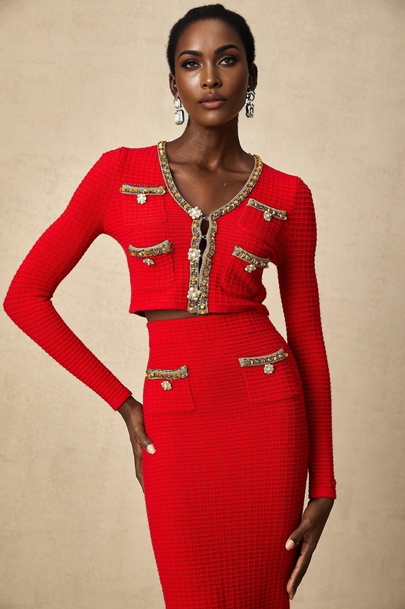 Tamara Cardigan & Skirt Tamara Red & Gold Crystal Sequin Embellished