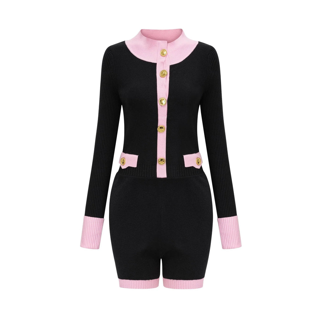 Tamara Knitted Bodysuit Black Pink Contrast Flap Pockets