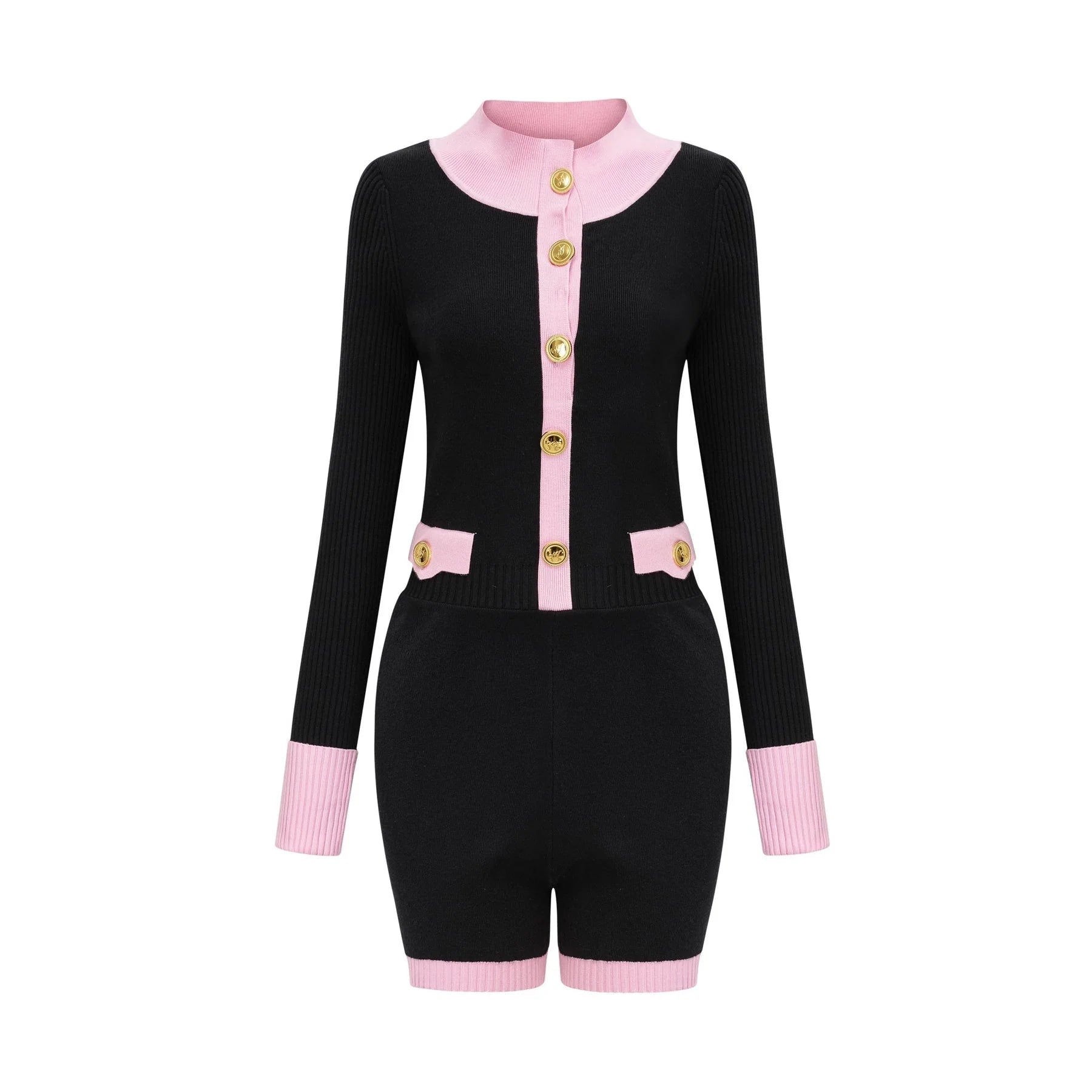 Tamara Knitted Bodysuit Black Pink Contrast Flap Pockets