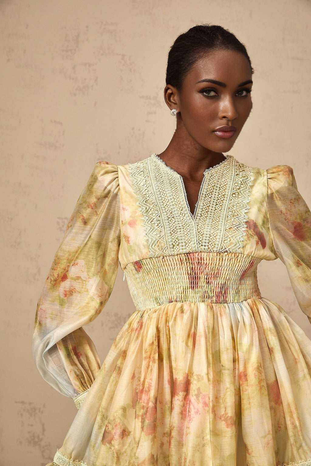 Tamara Mini Dress Yellow Floral Lace Flounce Pleats