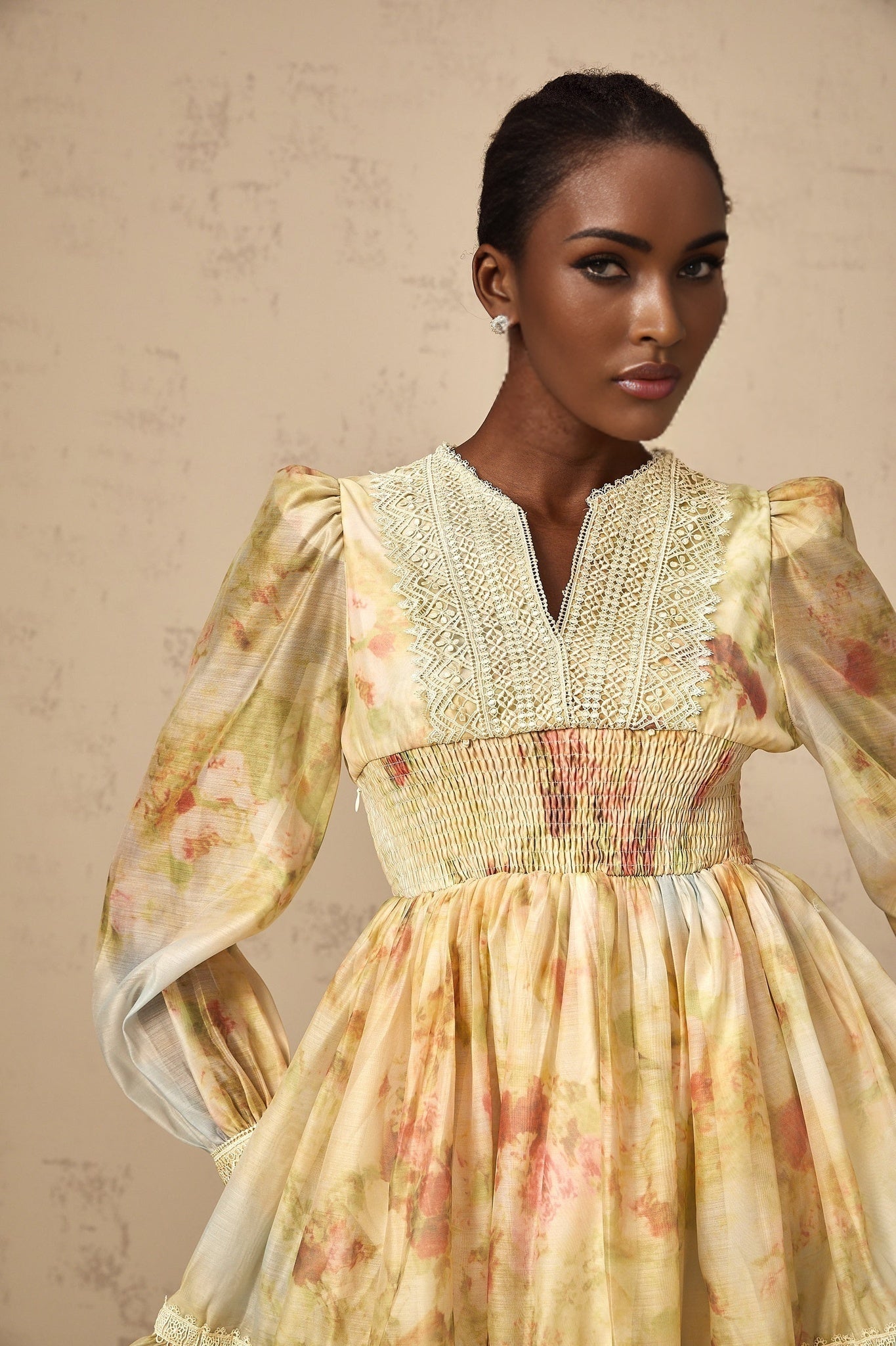 Tamara Mini Dress Yellow Floral Lace Flounce Pleats
