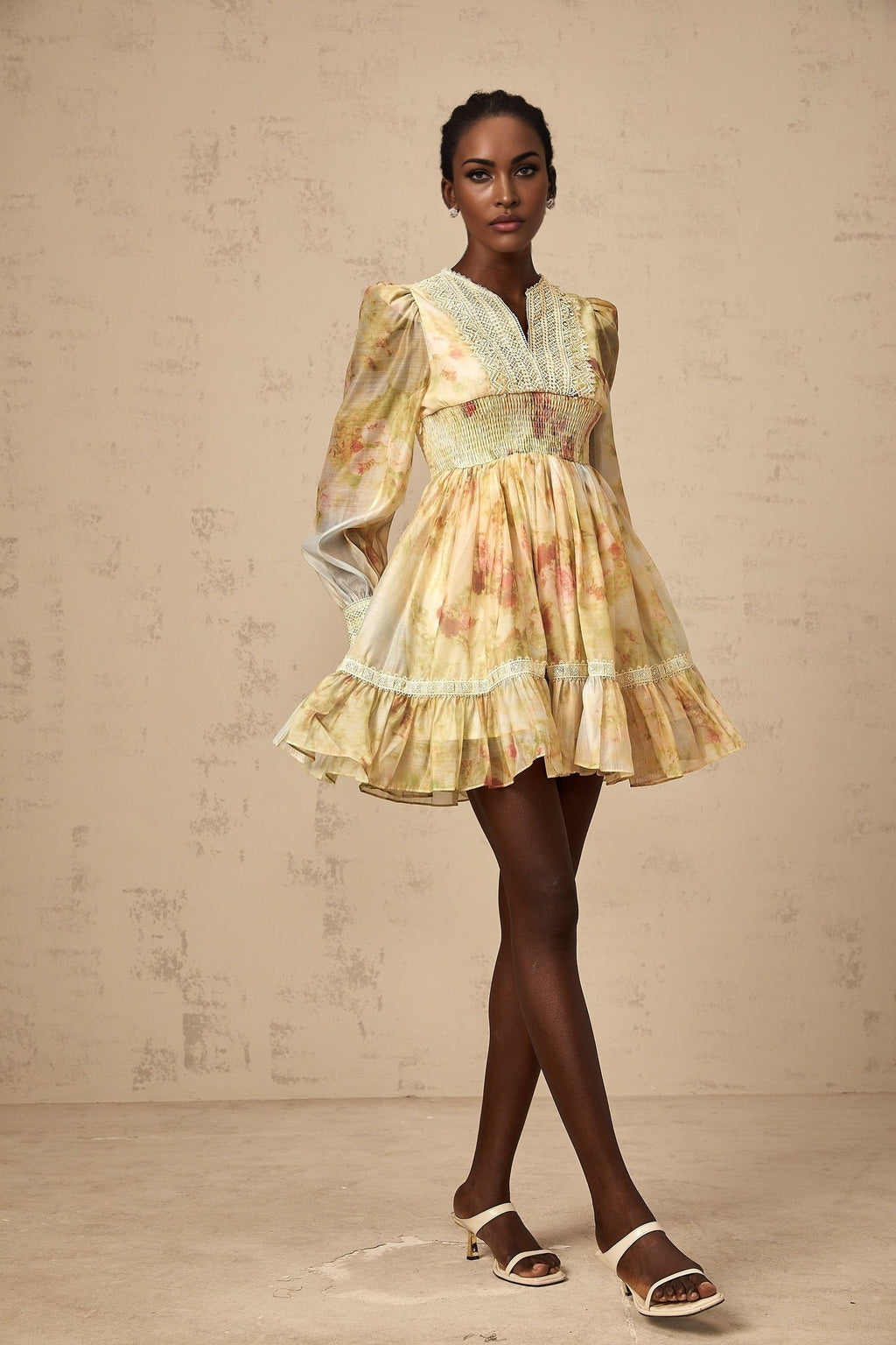 Tamara Mini Dress Yellow Floral Lace Flounce Pleats