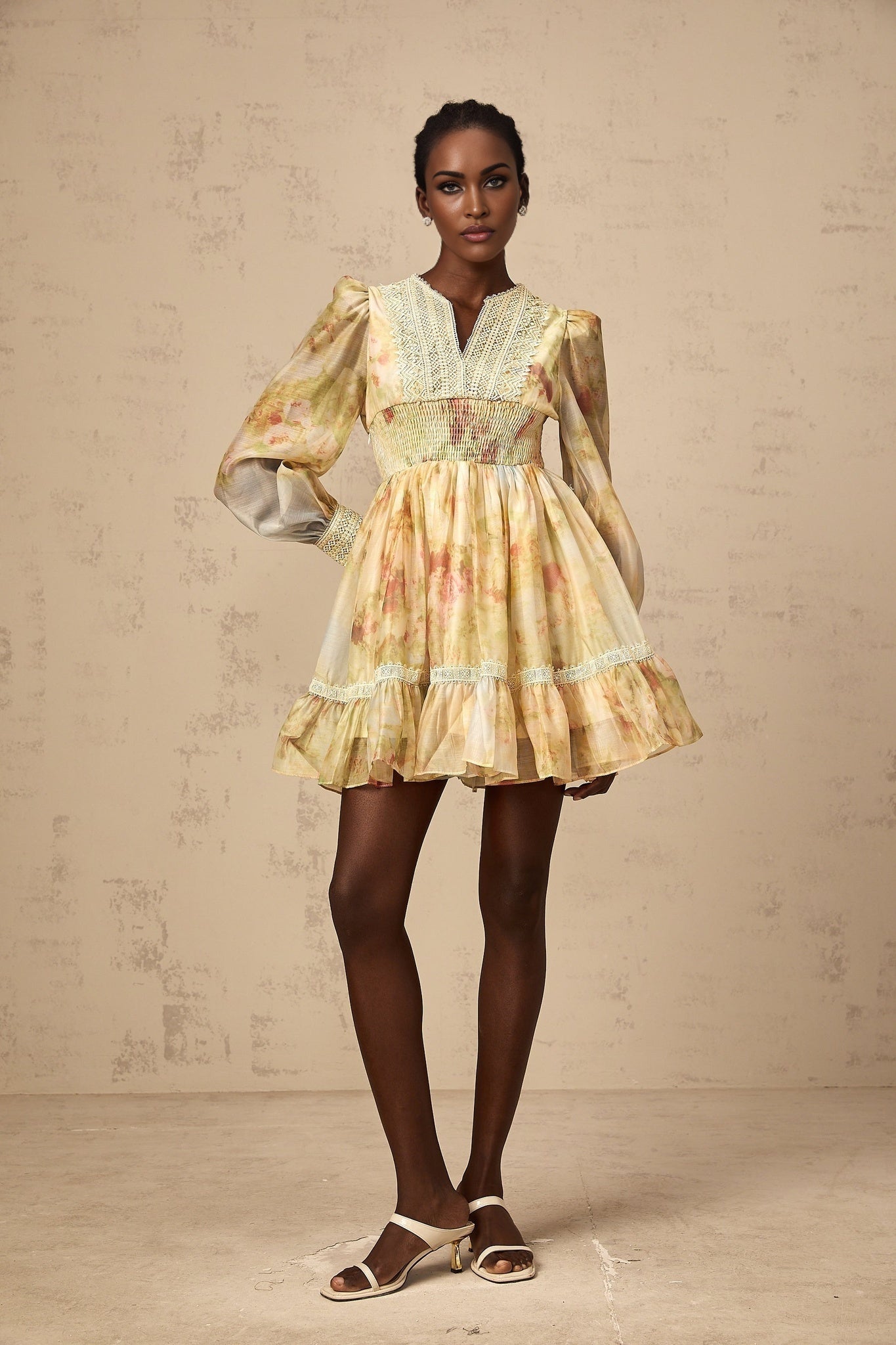 Tamara Mini Dress Yellow Floral Lace Flounce Pleats