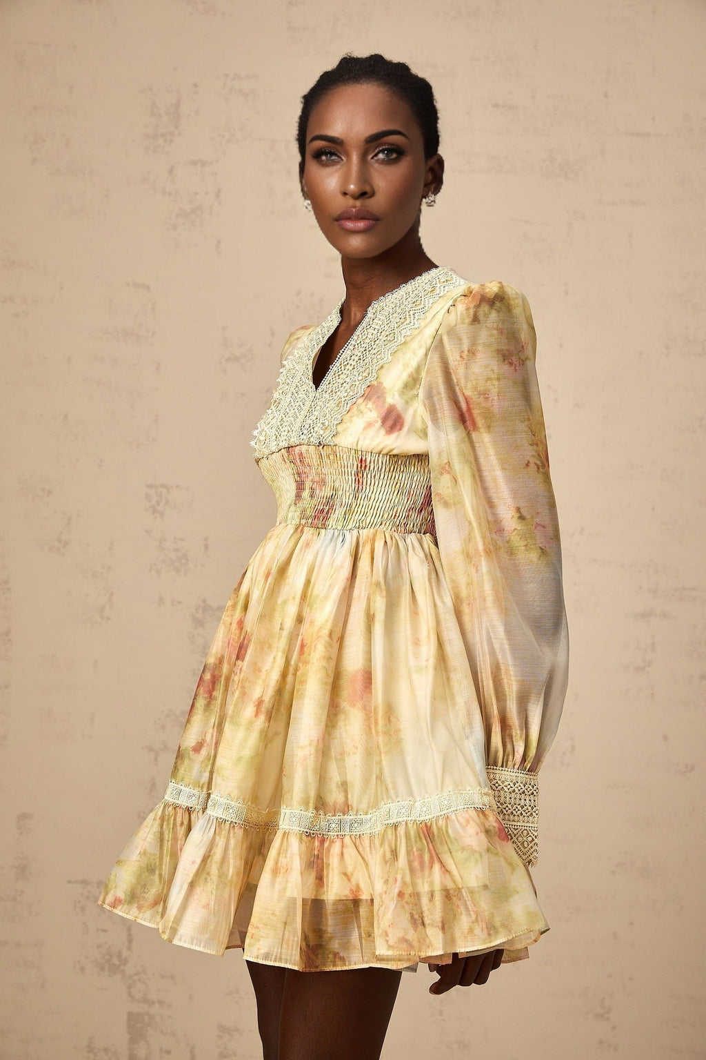 Tamara Mini Dress Yellow Floral Lace Flounce Pleats