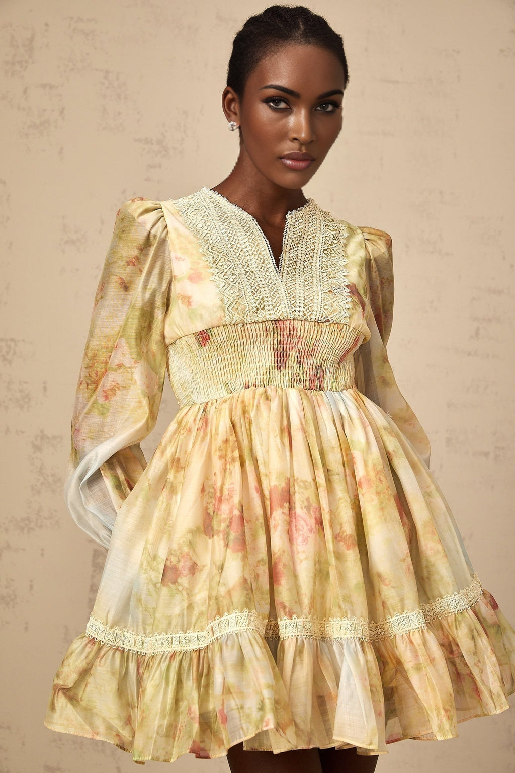Tamara Mini Dress Yellow Floral Lace Flounce Pleats