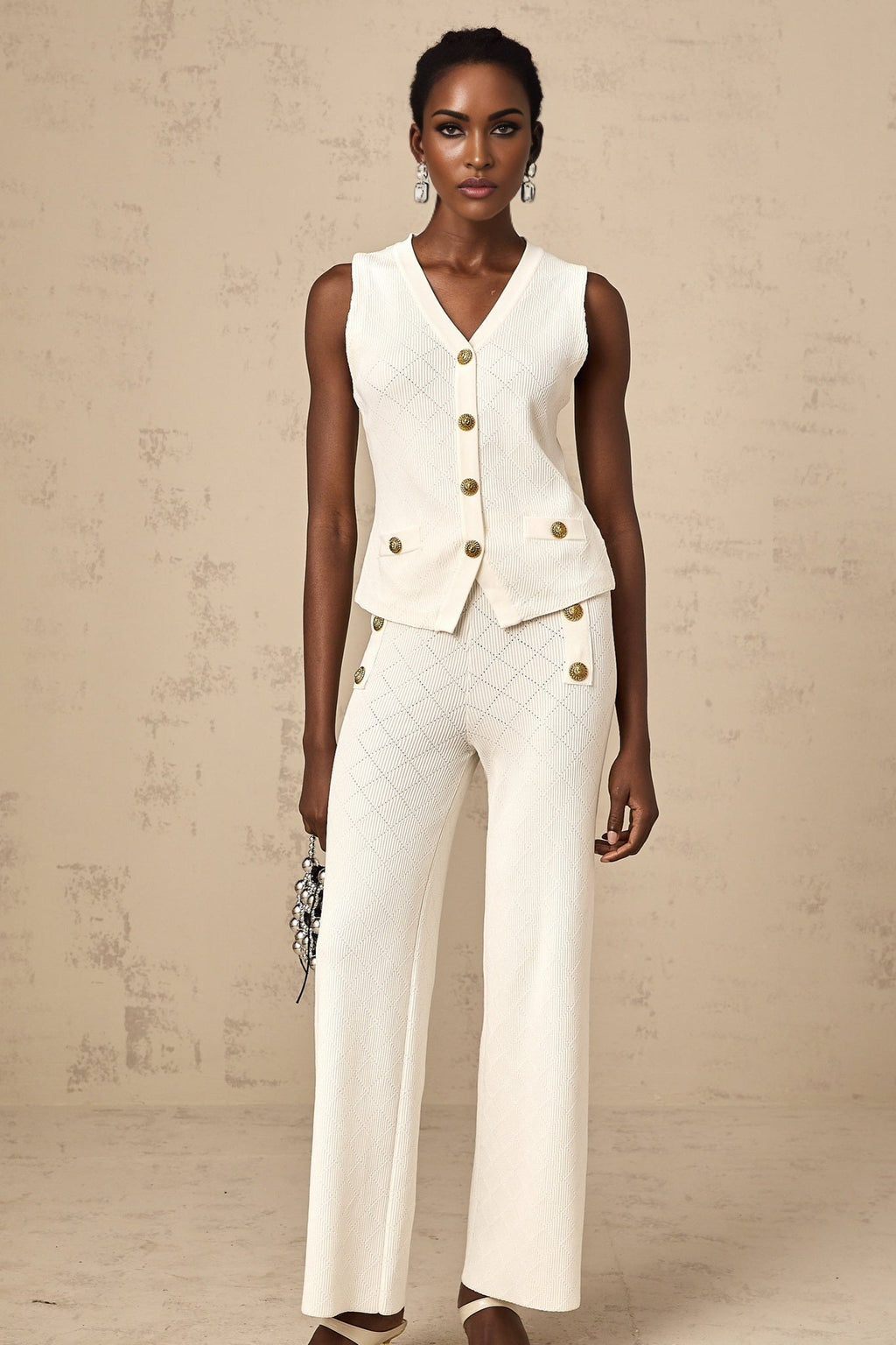 Tamara Top & Trousers Knitted White Matching Set