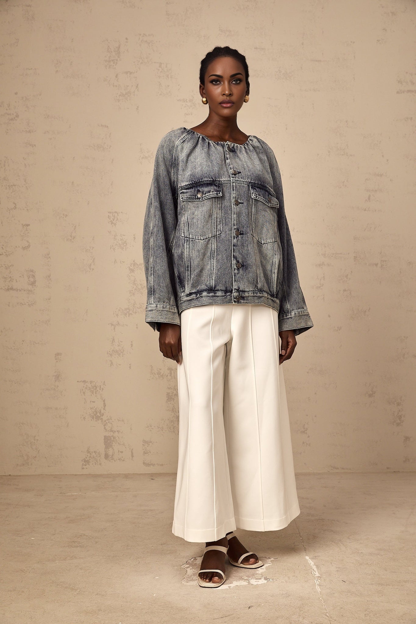 Tatiana Denim Jacket Blue Collarless Faded Shirred Effect