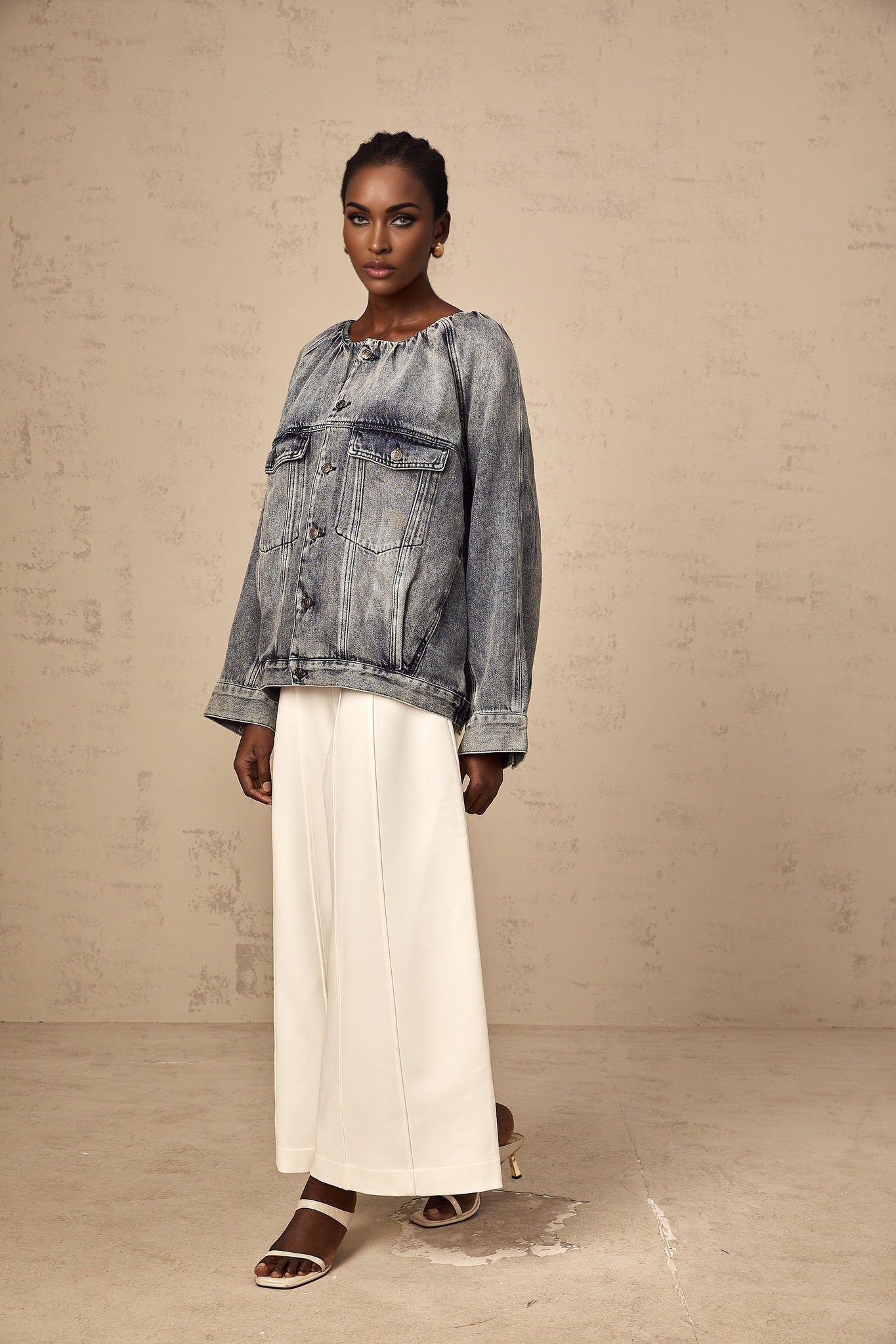 Tatiana Denim Jacket Blue Collarless Faded Shirred Effect