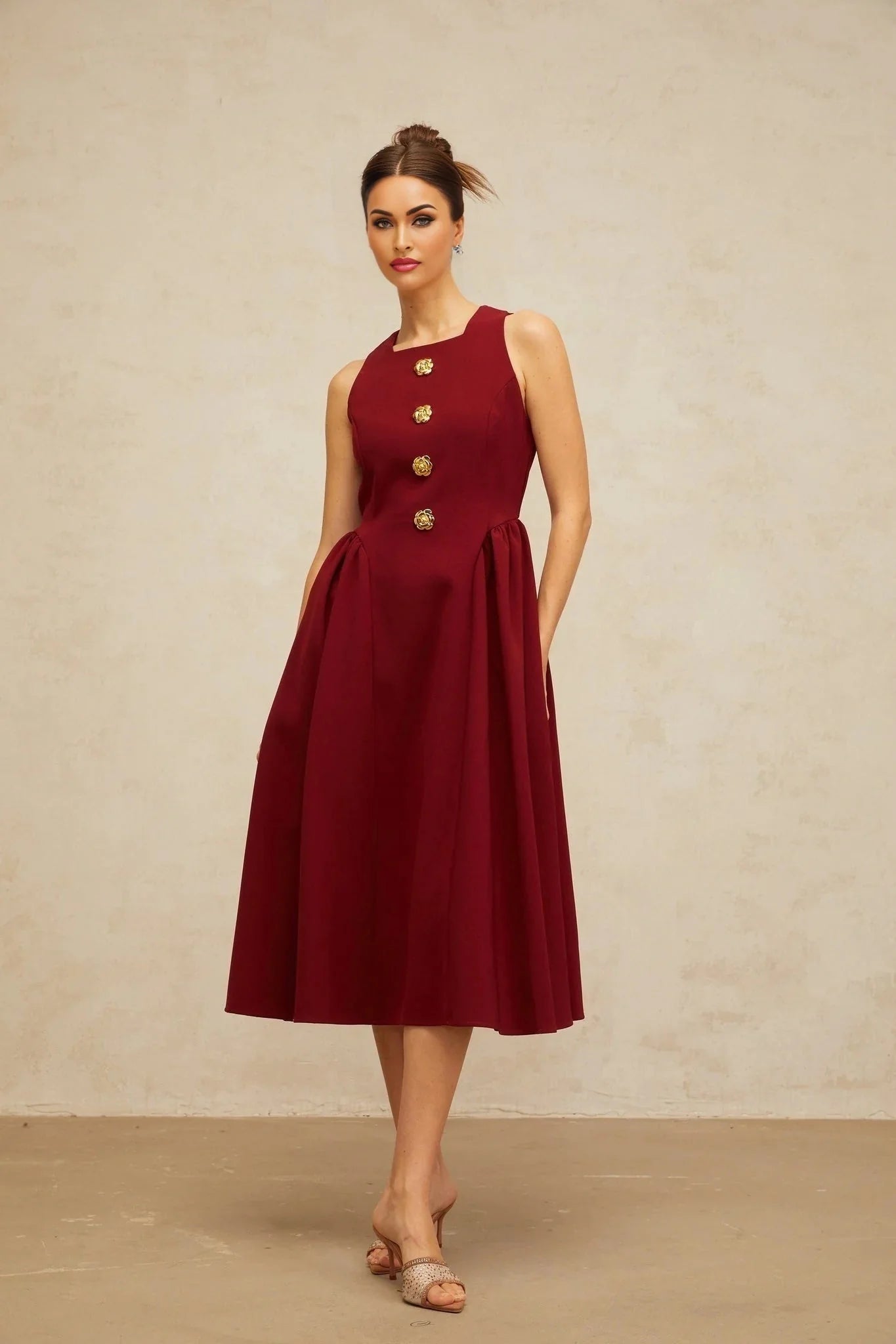 Tatiana Midi Dress Rich Red Flower - Motif Pleated & Adorned