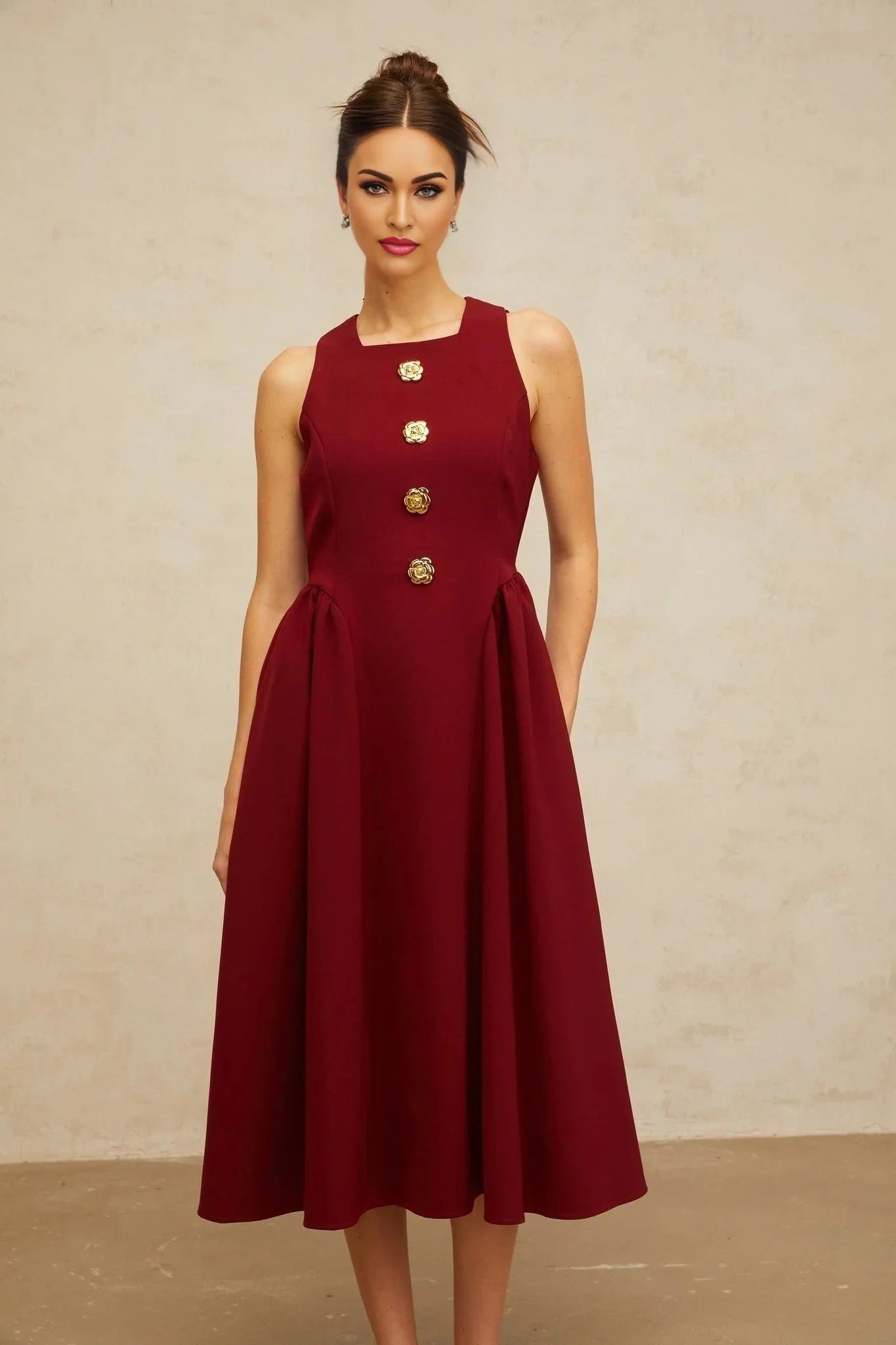 Tatiana Midi Dress Rich Red Flower - Motif Pleated & Adorned