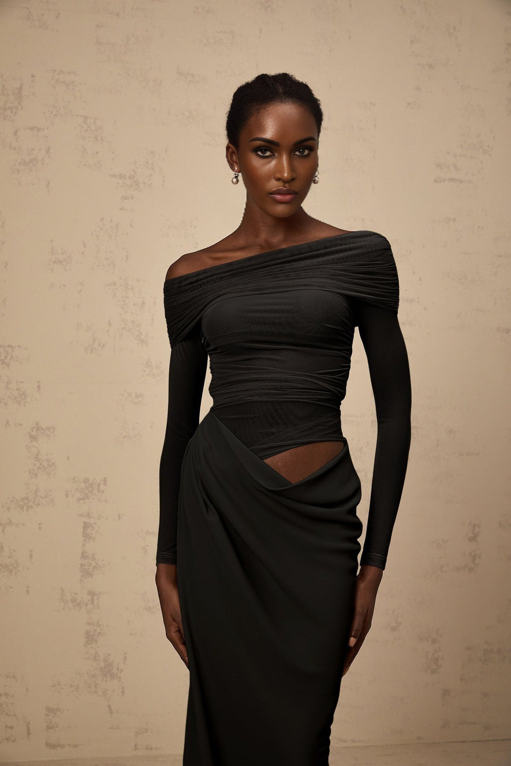 Taylor Midi Dress Black Semi Sheer Tulle Panel Off Shoulder Draped
