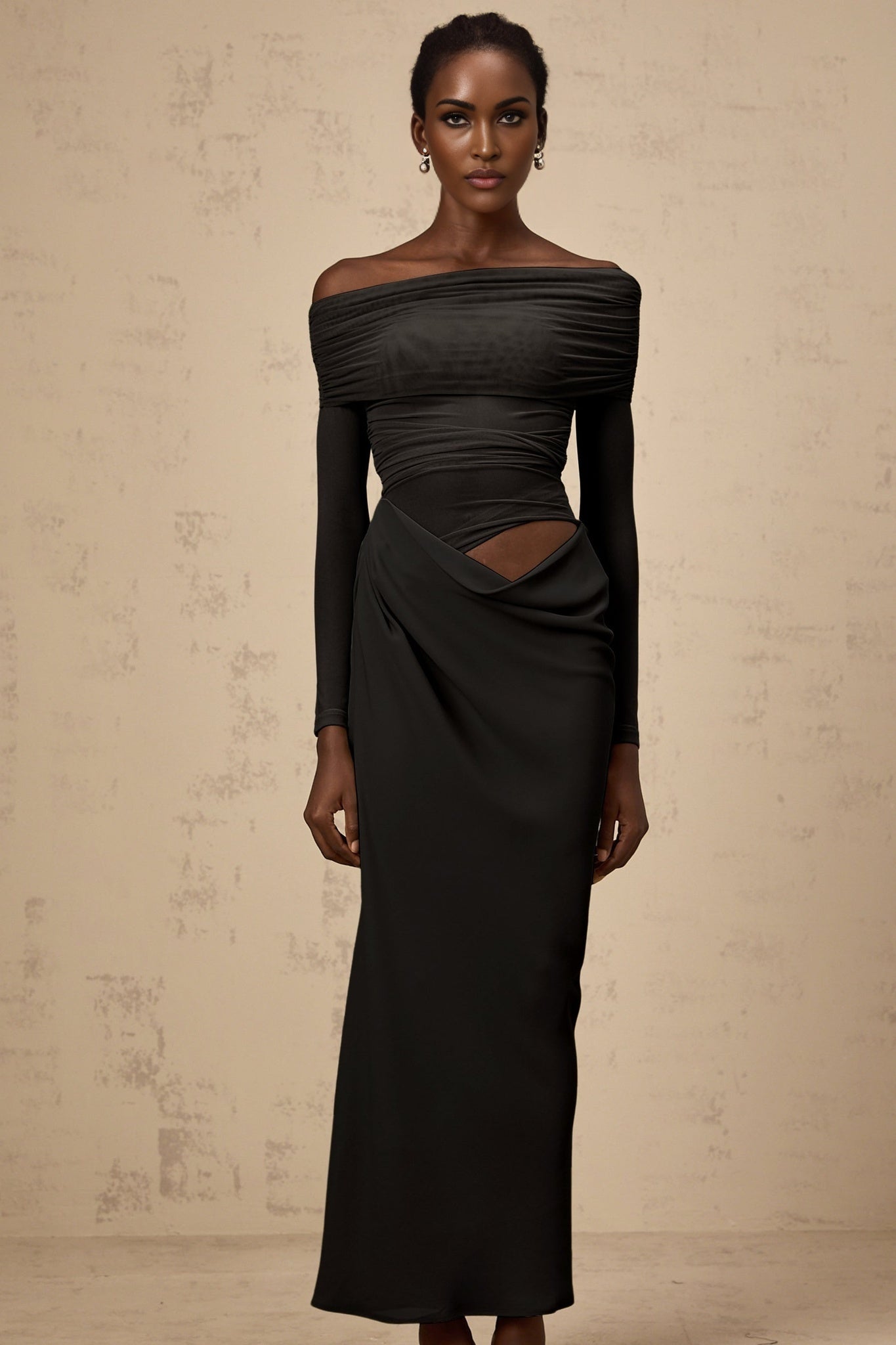 Taylor Midi Dress Black Semi Sheer Tulle Panel Off Shoulder Draped