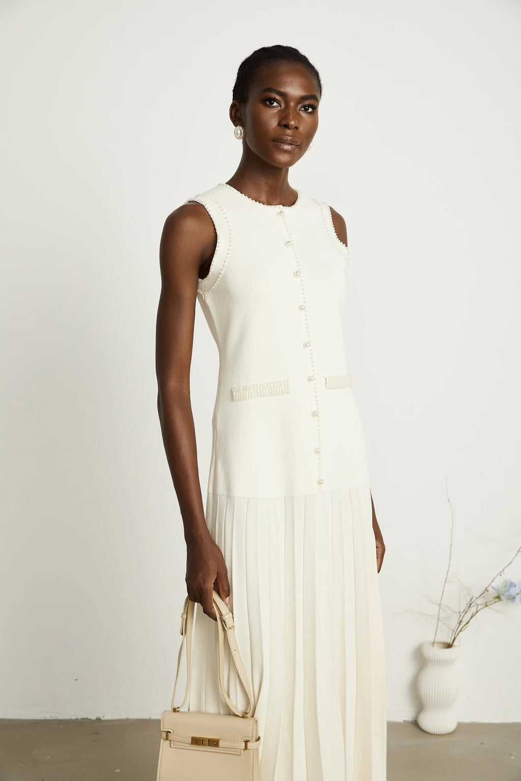 Taylor Midi Dress White Faux Pearl Pleated Bouquet