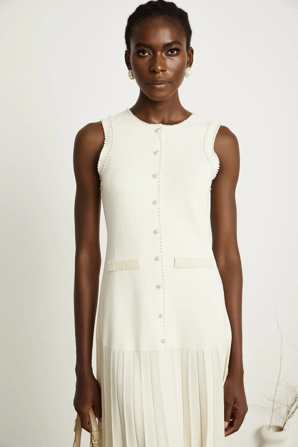 Taylor Midi Dress White Faux Pearl Pleated Bouquet