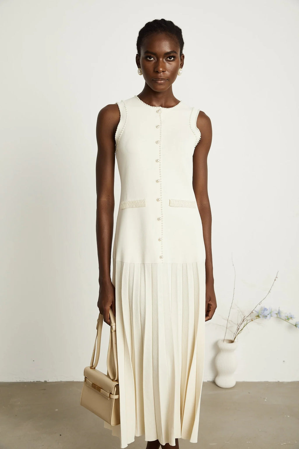 Taylor Midi Dress White Faux Pearl Pleated Bouquet