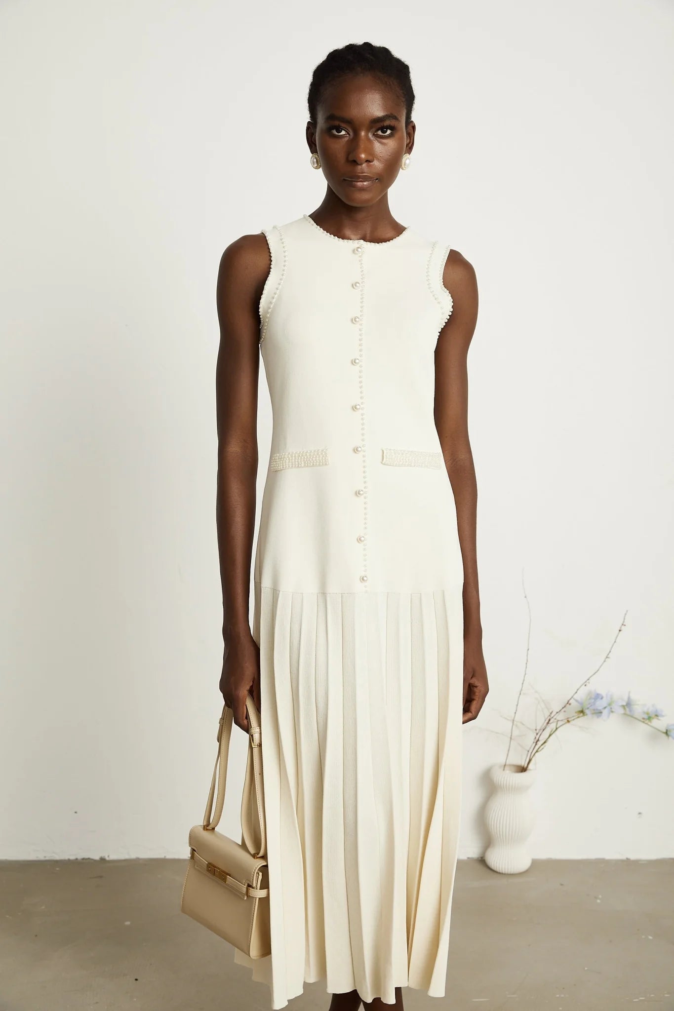 Taylor Midi Dress White Faux Pearl Pleated Bouquet