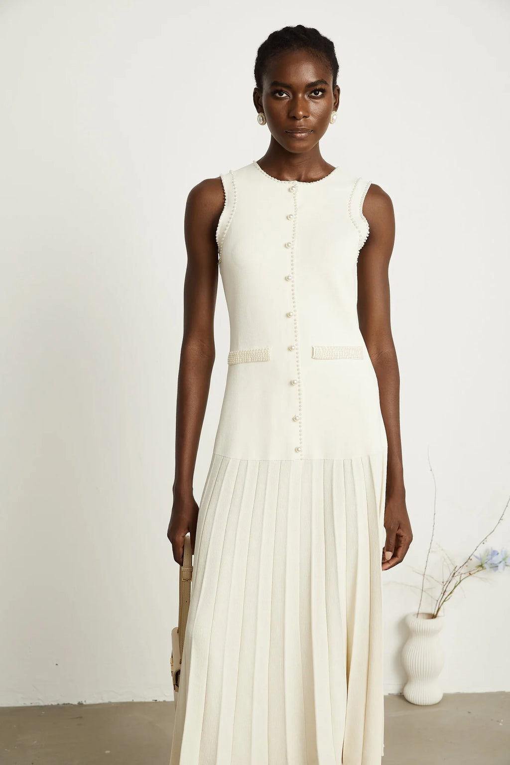 Taylor Midi Dress White Faux Pearl Pleated Bouquet