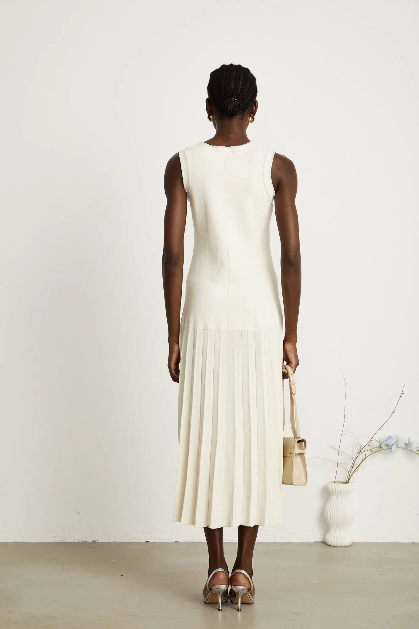 Taylor Midi Dress White Faux Pearl Pleated Bouquet