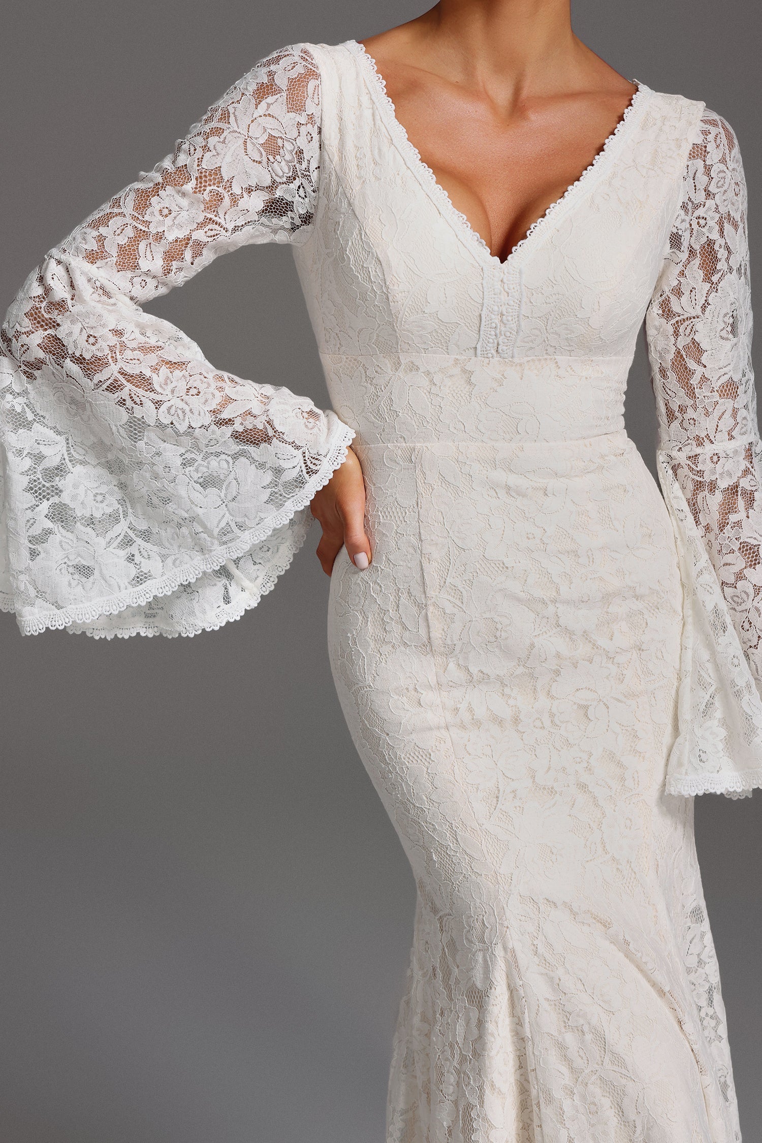 Taylor White Lace Maxi Dress V-Neckline Flared Sleeves Backless Design Wedding Formal Event Romantic Evening