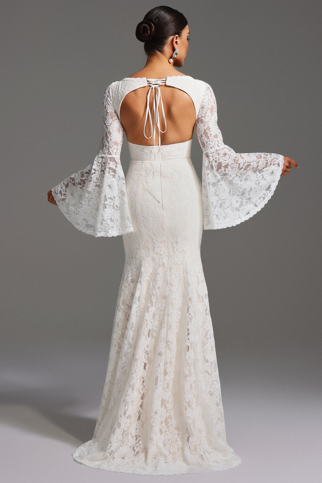 Taylor White Lace Maxi Dress V-Neckline Flared Sleeves Backless Design Elegant Formal Wear