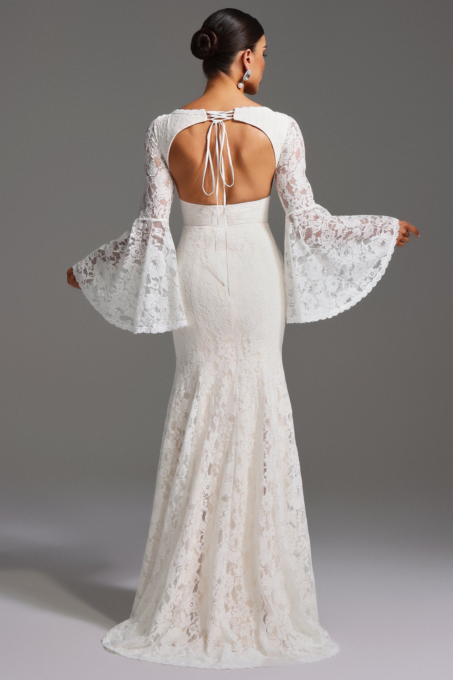 Taylor White Lace Maxi Dress V-Neckline Flared Sleeves Backless Design Elegant Formal Wear