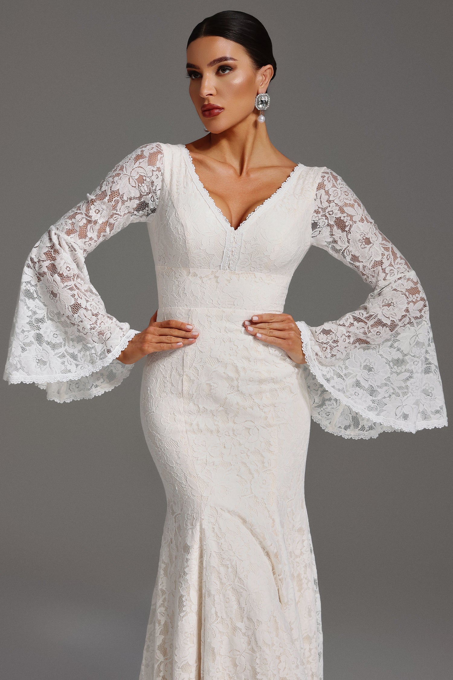 Taylor White Lace V-Neck Maxi Dress with Flared Sleeves and Backless Design